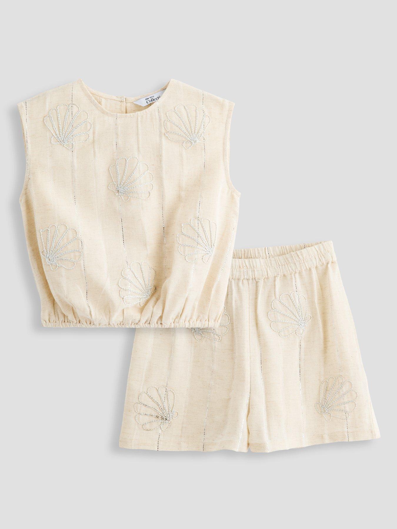 The Very Collection Girls Stripe And Embroidered Top And Short Outfit - Beige