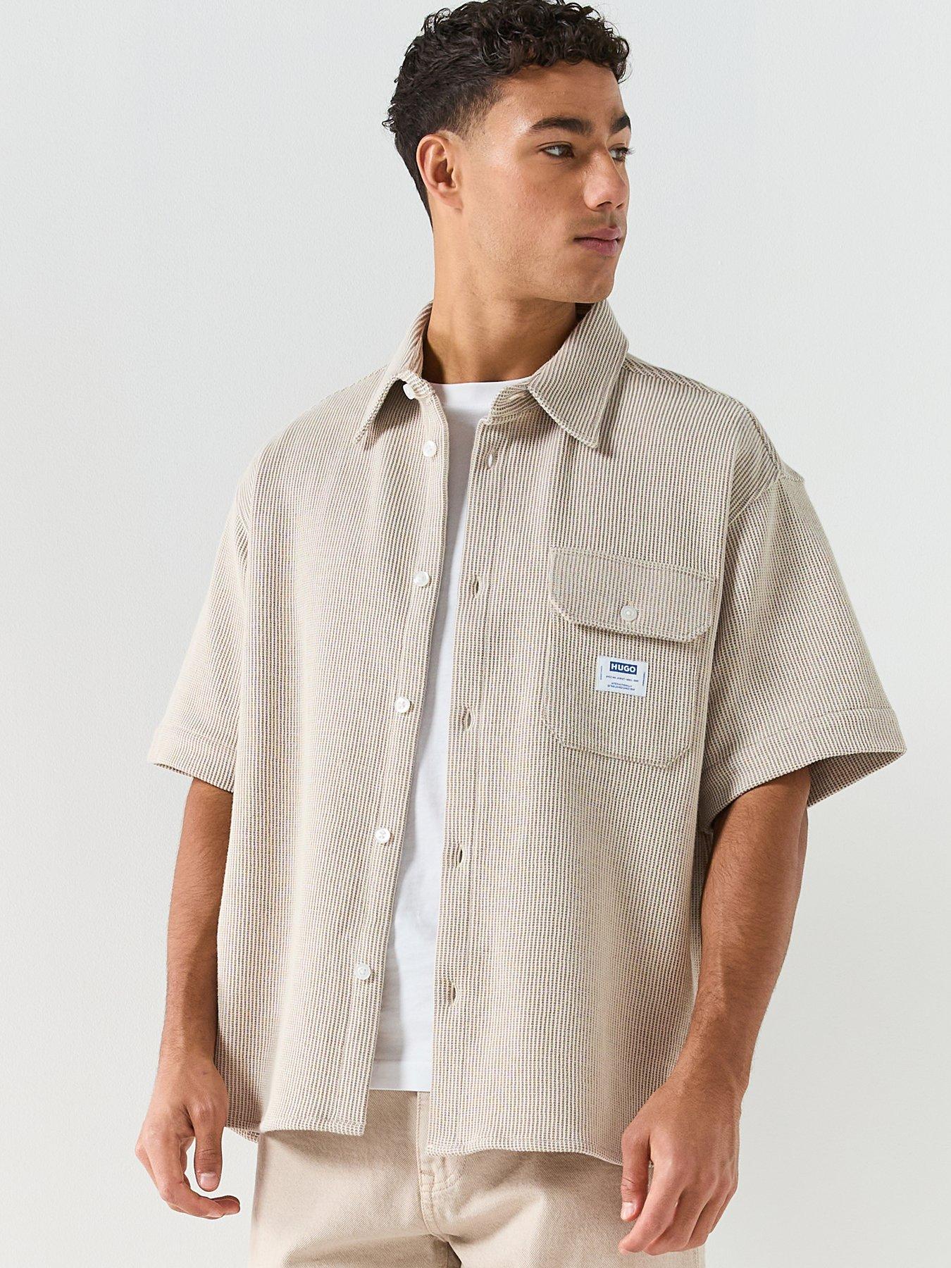 HUGO Blue Ebaffino Relaxed Fit Short Sleeve Shirt - Beige
