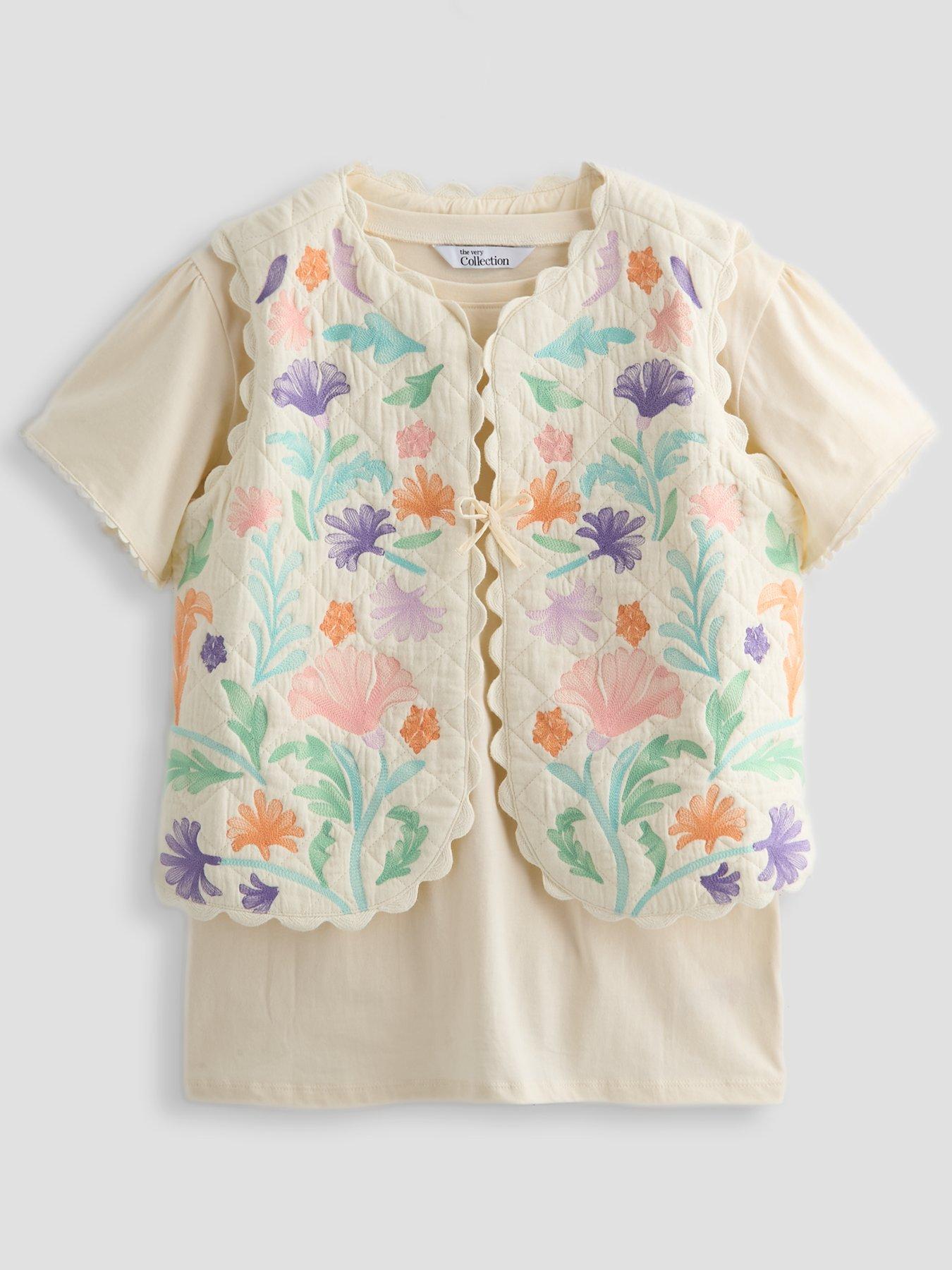 Image 1 of 6 of The Very Collection Girls Embroidered T-Shirt &amp; Embroidered Waistcoat Set - Off White