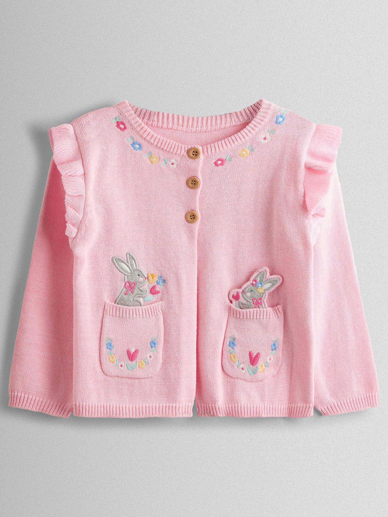 Image 1 of 4 of JoJo Maman Bebe Toddler Girls Bunny Pet-In-Pocket Embroidered Frill Cardigan - Light Pink