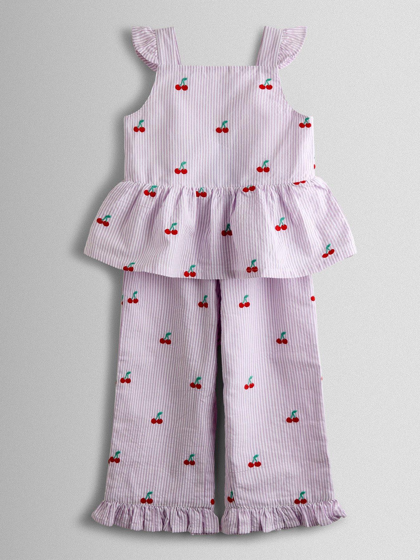 Image 2 of 7 of JoJo Maman Bebe Toddler Girls Cherry Embroidered Frilly Top And Trouser Set - Purple