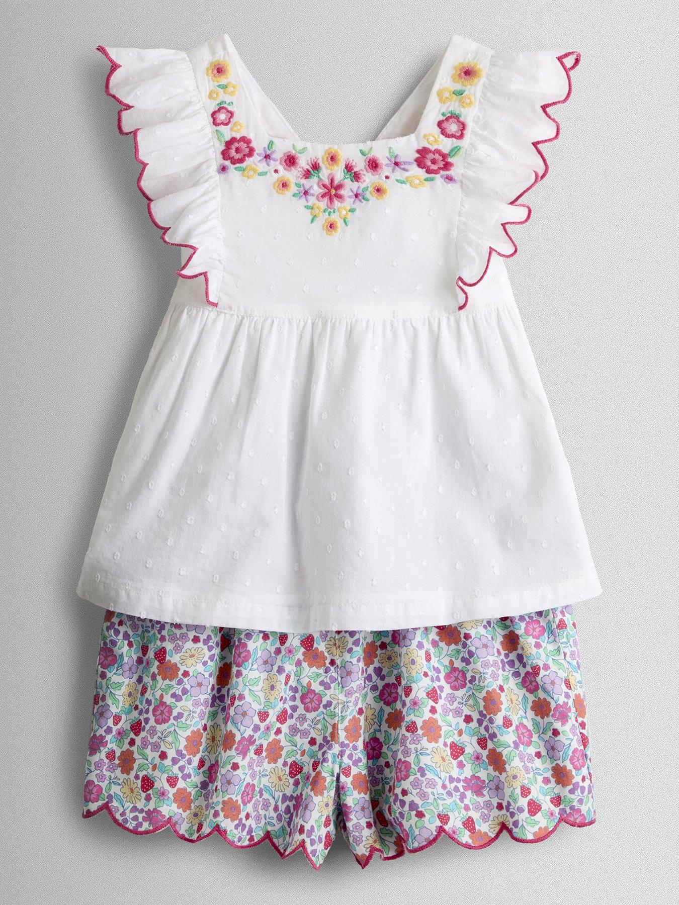 JoJo Maman Bebe Toddler Girls Ruffle Front Embroidered Top And Scallop Short Set - Cream