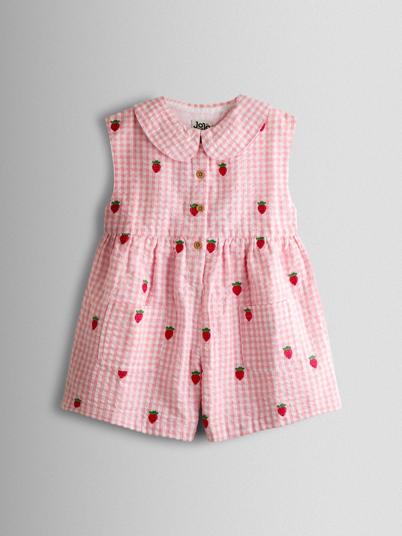 Image 1 of 3 of JoJo Maman Bebe Toddler Girls Strawberry Embroidered Gingham Playsuit - Light Pink
