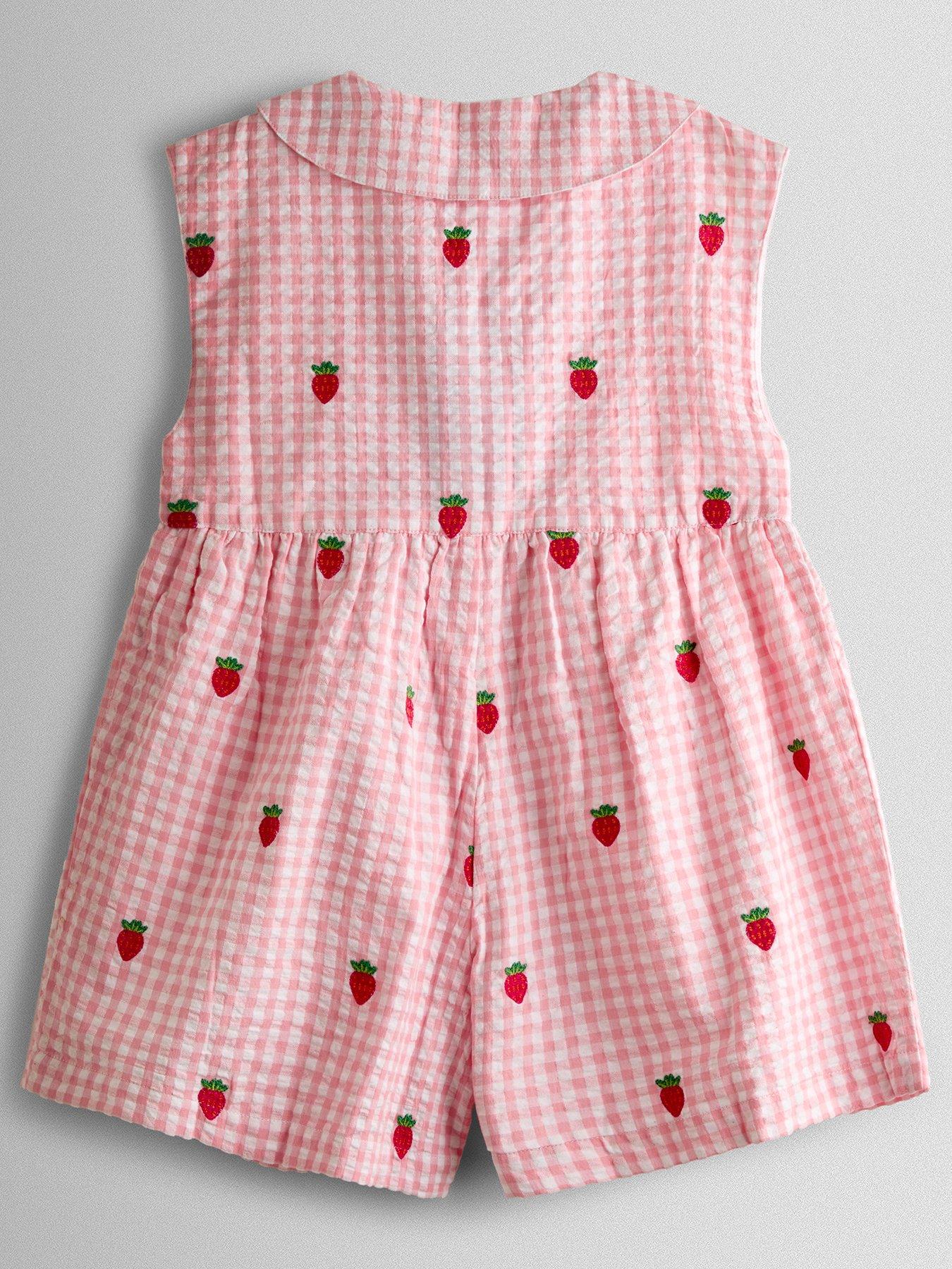 Image 3 of 3 of JoJo Maman Bebe Toddler Girls Strawberry Embroidered Gingham Playsuit - Light Pink