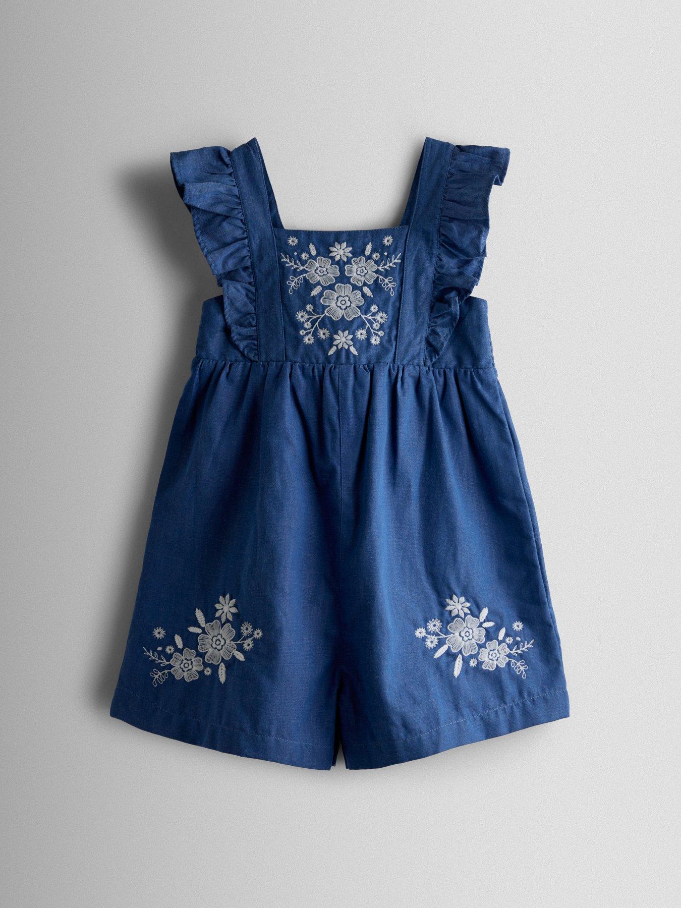 JoJo Maman Bebe Toddler Girls Chambray Embroidered Bow Back Playsuit - Blue