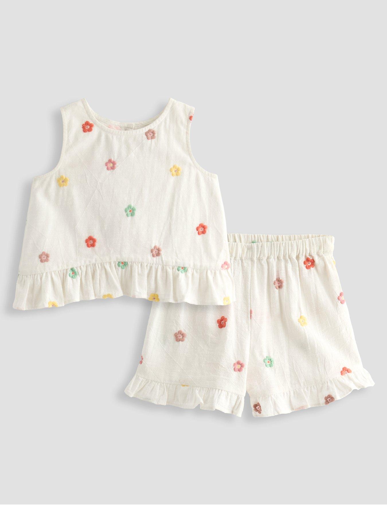 The Very Collection Girls Frill Sleeveless Top And Short Embroidered Outfit - Cream