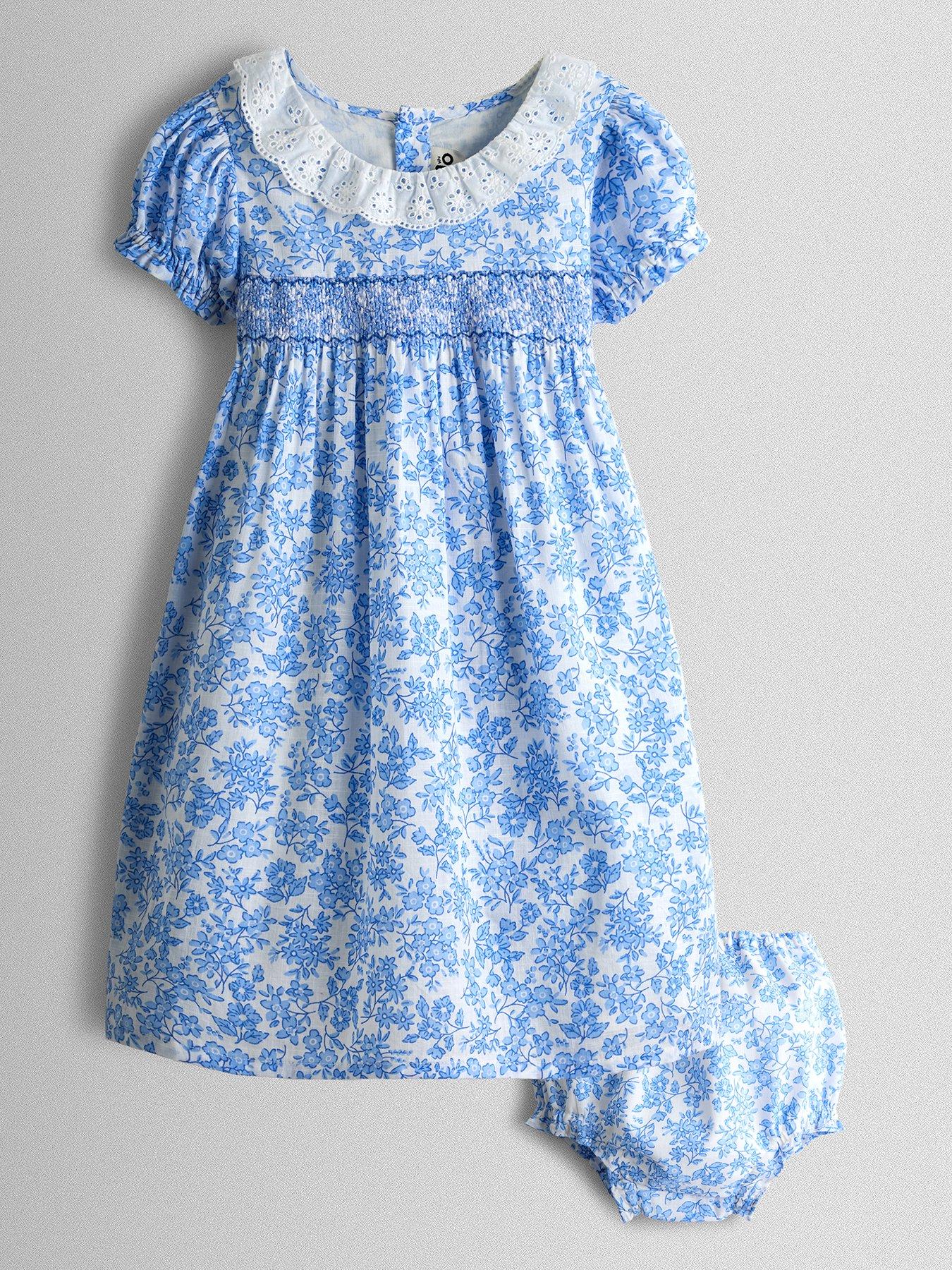 JoJo Maman Bebe Toddler Girls Floral Smocked Puff Sleeve Dress - Blue