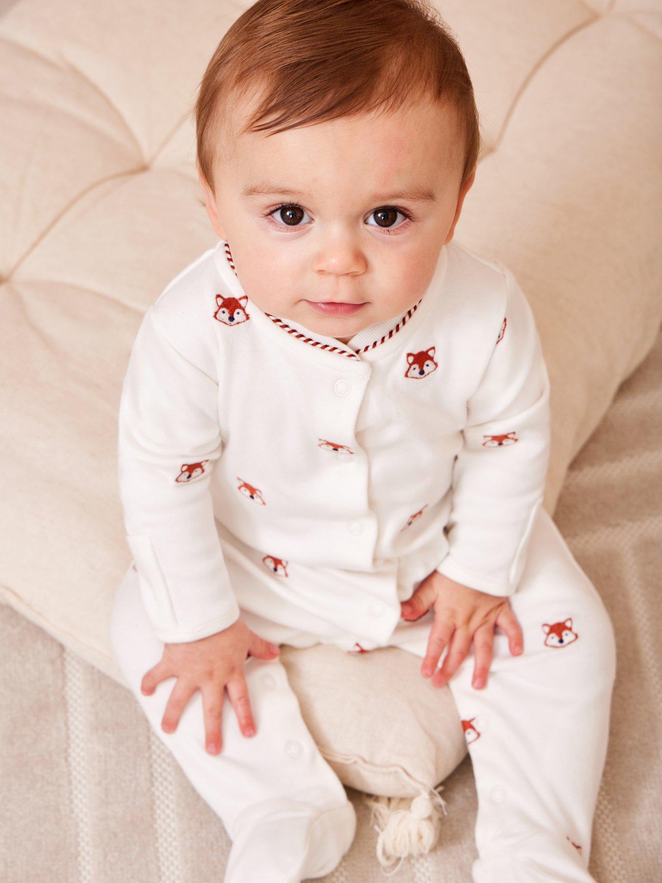 JoJo Maman Bebe Baby Unisex Fox Embroidered Sleepsuit - Cream