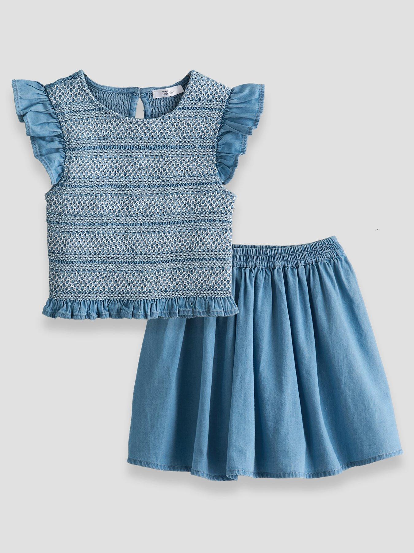 The Very Collection Girls Frill Sleeve Top  &  Skirt Set - Blue