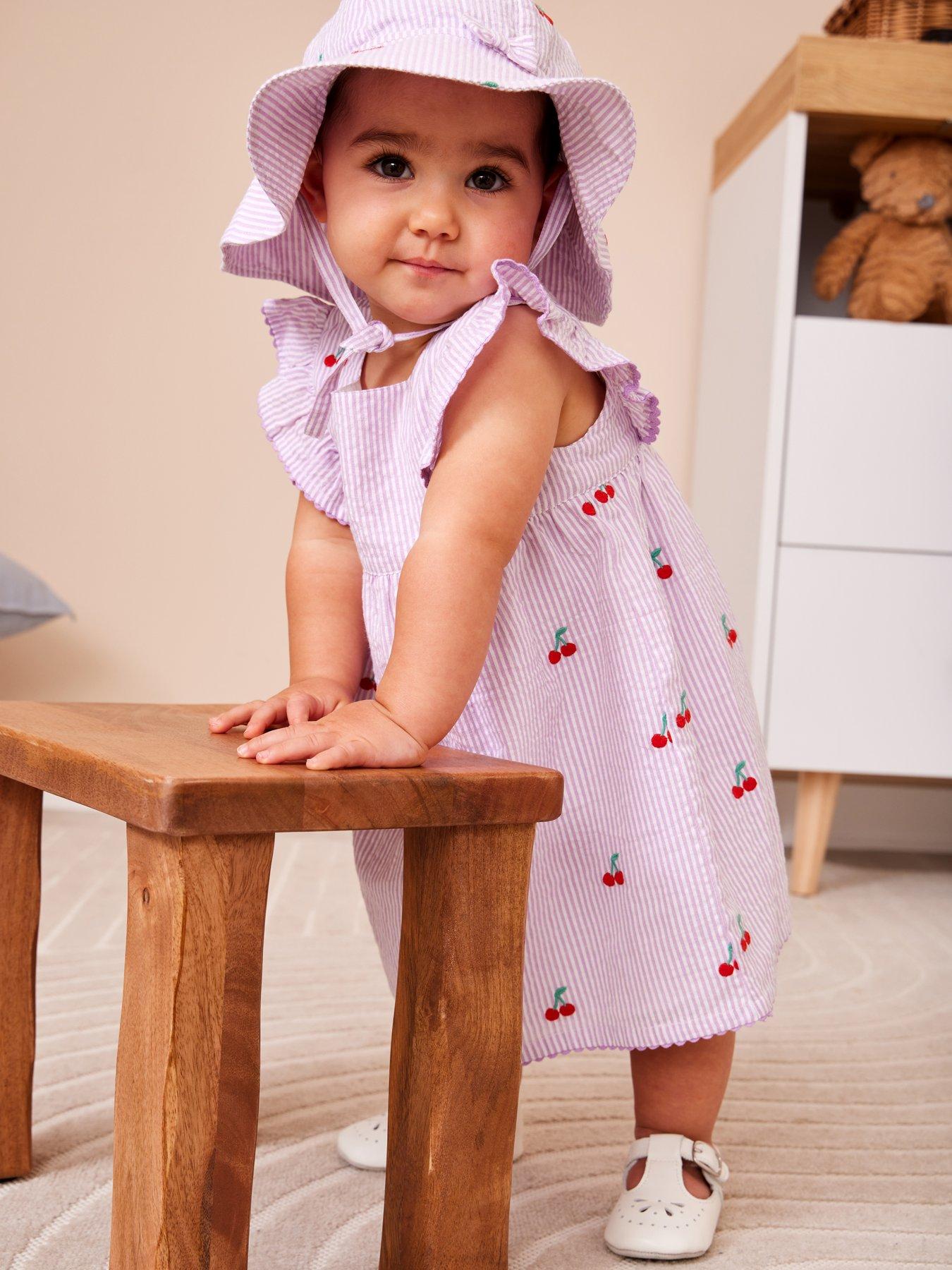 JoJo Maman Bebe Baby Girls Strawberry Embroidered Stripe Dress And Hat Set - Purple