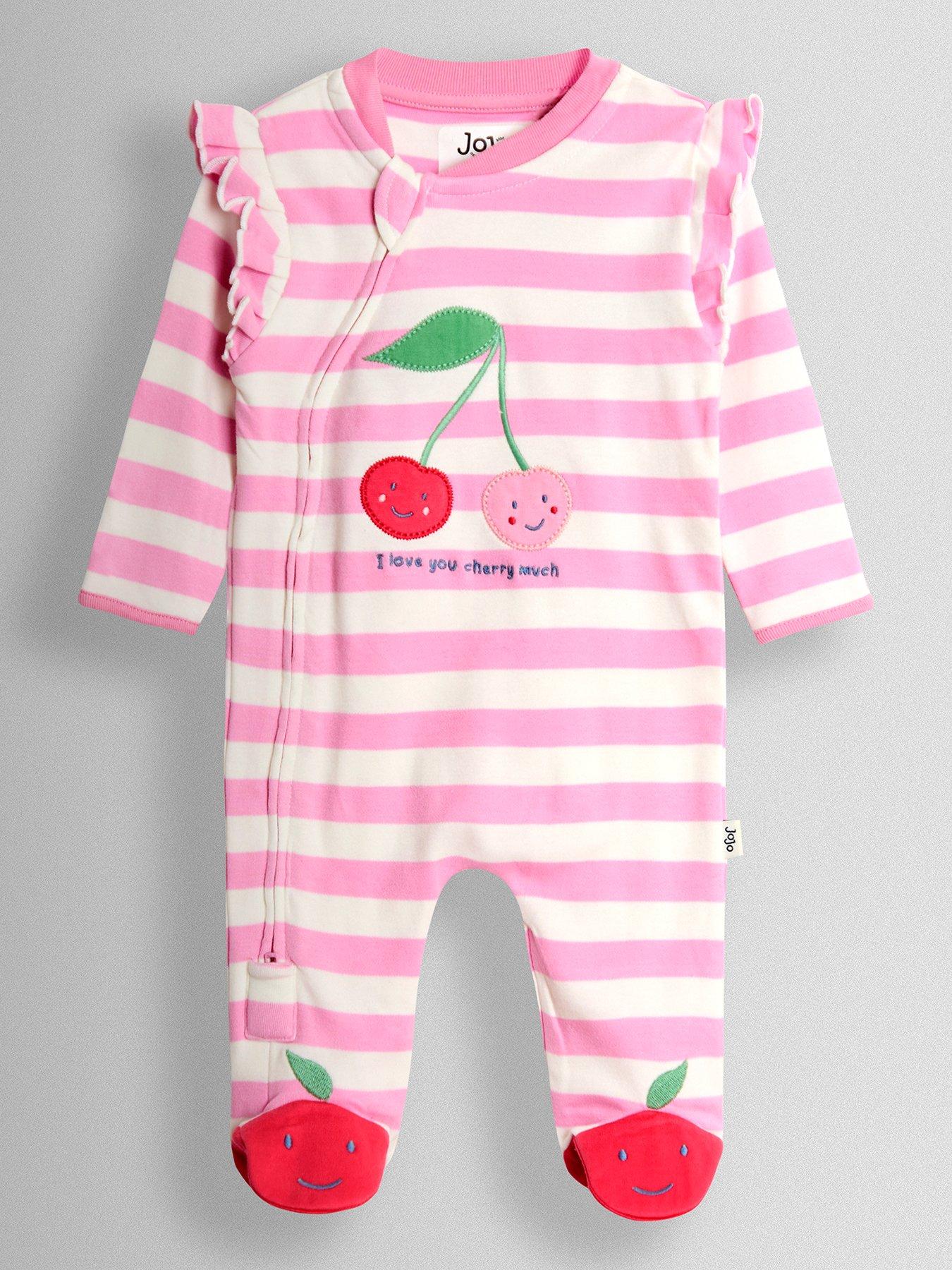 JoJo Maman Bebe Baby Girls Stripe Cherry Sleepsuit - Pink