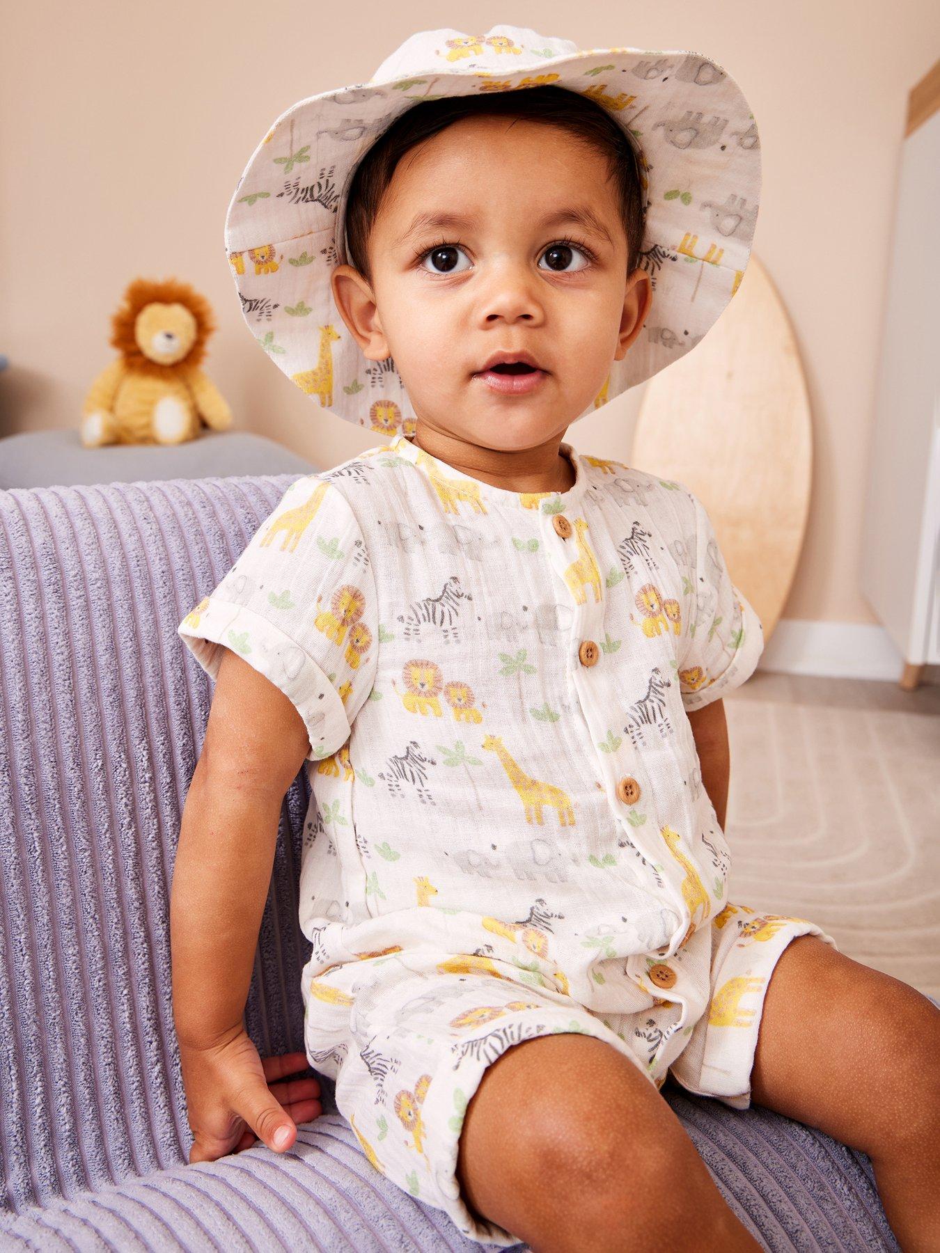 Image 1 of 7 of JoJo Maman Bebe Baby Boys Safari Romper &amp; Hat Set - Cream