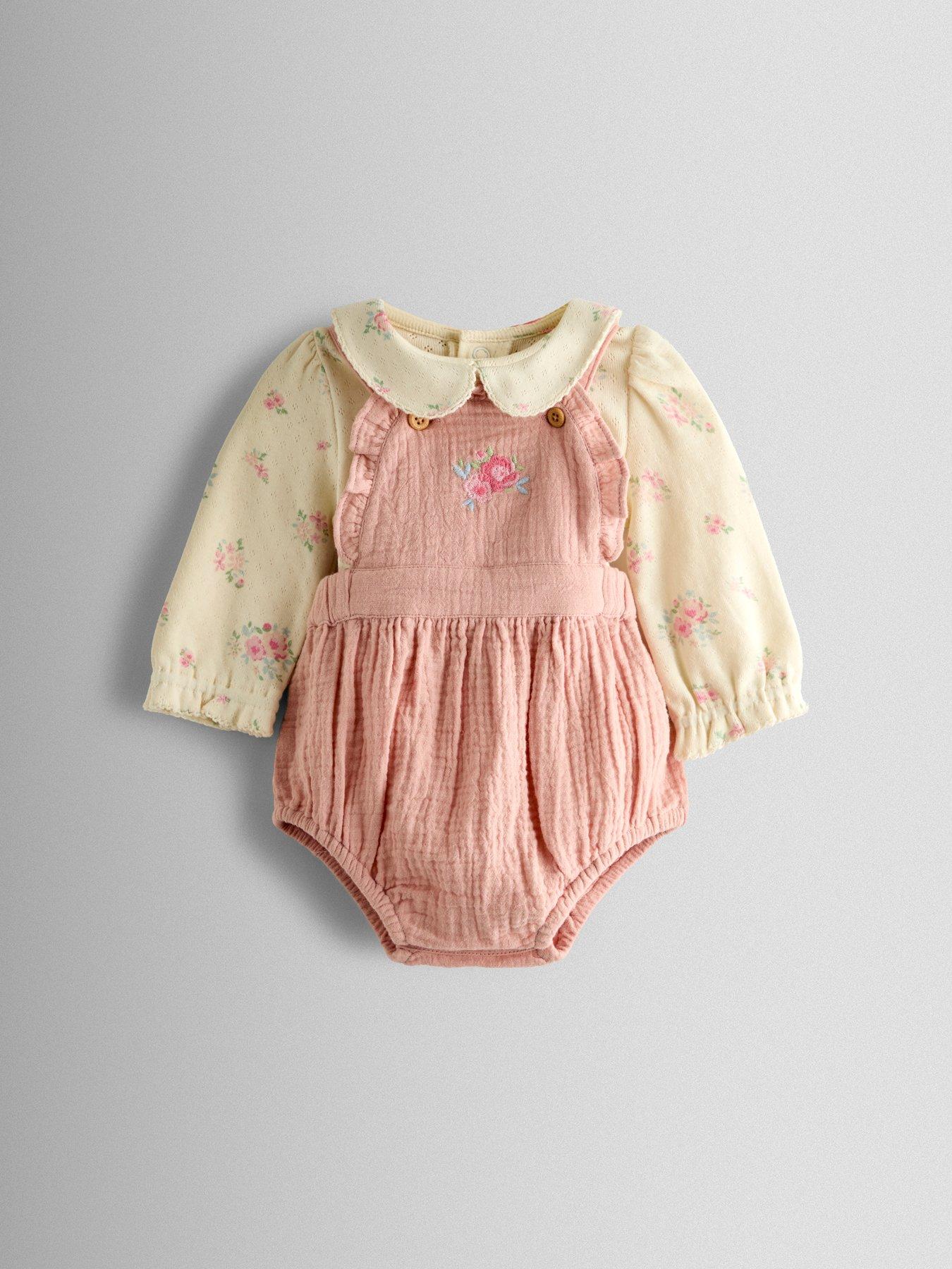Image 1 of 7 of JoJo Maman Bebe Baby Girls Rose Bubble Romper &amp; Body Set - Pink