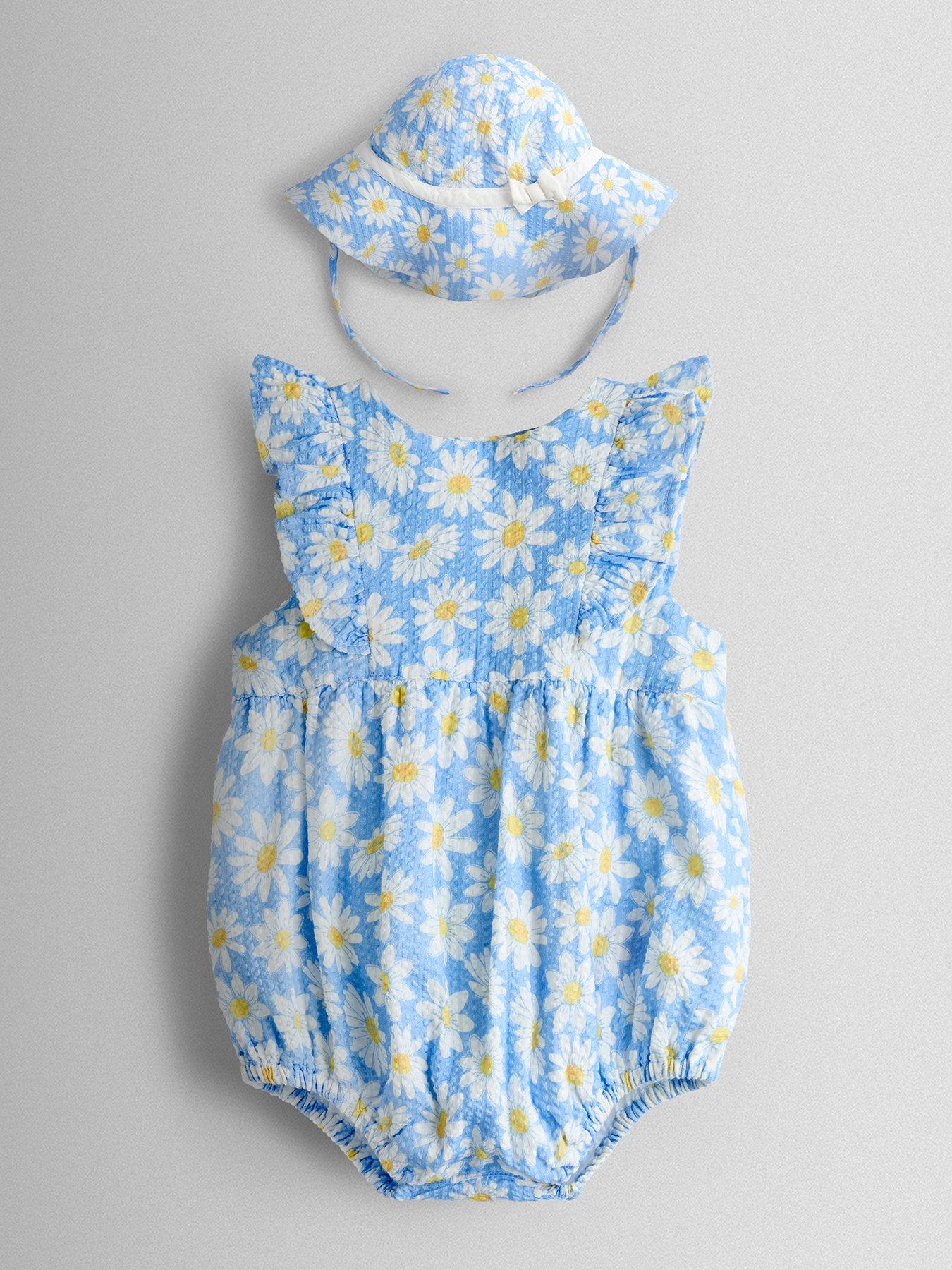 JoJo Maman Bebe Baby Girls Daisy Printed Frill Romper  &  Hat Set - Blue