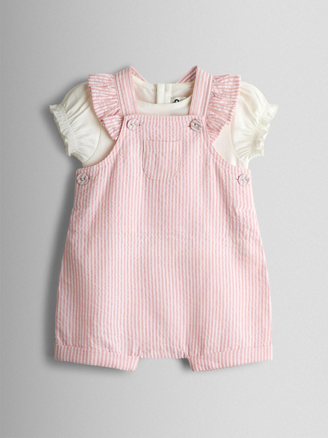Image 1 of 6 of JoJo Maman Bebe Toddler Girls 2 Piece Seersucker Stripe Dungarees &amp; T-Shirt Set - Light Pink