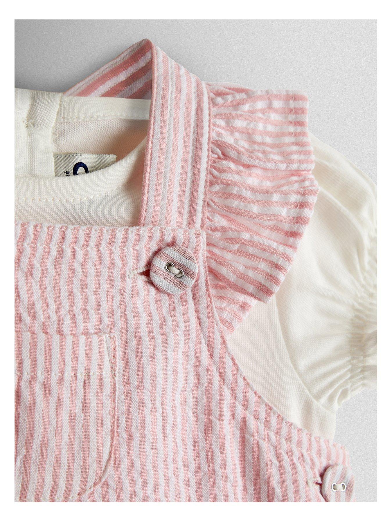 Image 2 of 6 of JoJo Maman Bebe Toddler Girls 2 Piece Seersucker Stripe Dungarees &amp; T-Shirt Set - Light Pink