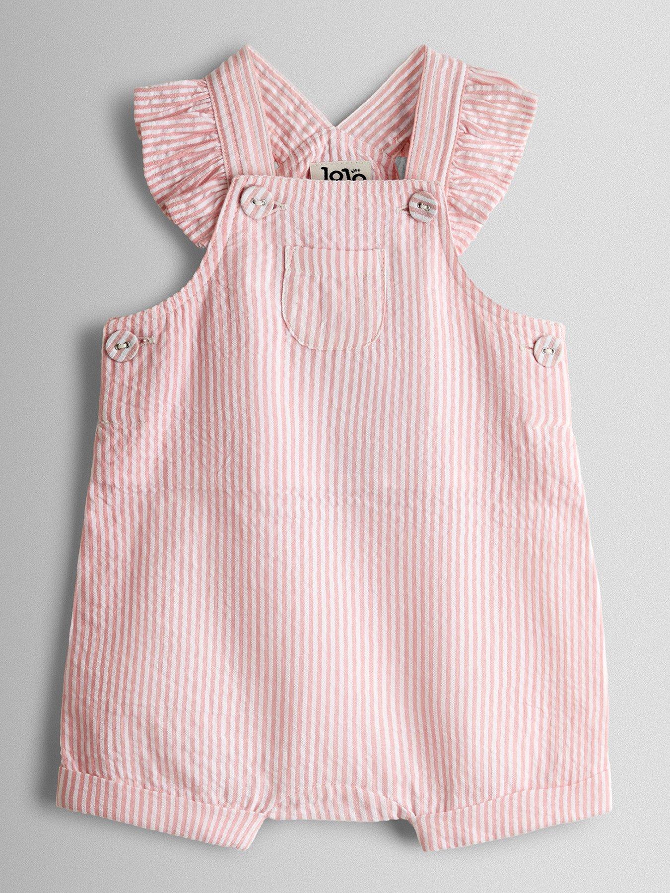 Image 3 of 6 of JoJo Maman Bebe Toddler Girls 2 Piece Seersucker Stripe Dungarees &amp; T-Shirt Set - Light Pink