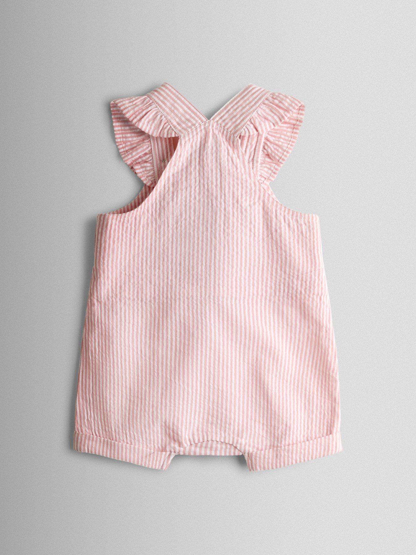 Image 4 of 6 of JoJo Maman Bebe Toddler Girls 2 Piece Seersucker Stripe Dungarees &amp; T-Shirt Set - Light Pink