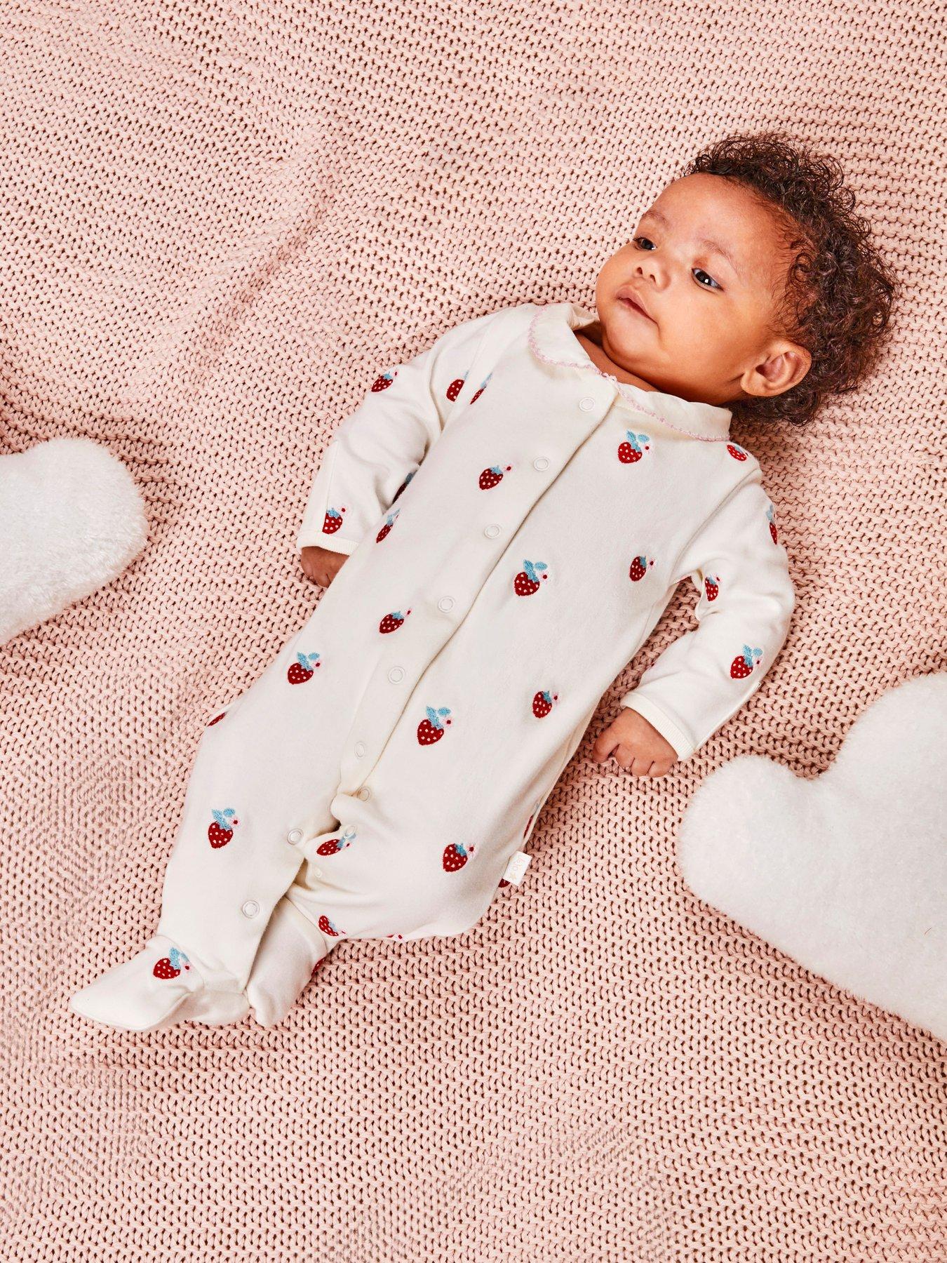 Image 1 of 3 of JoJo Maman Bebe Baby Girls Strawberry Embroidered Sleepsuit - Cream