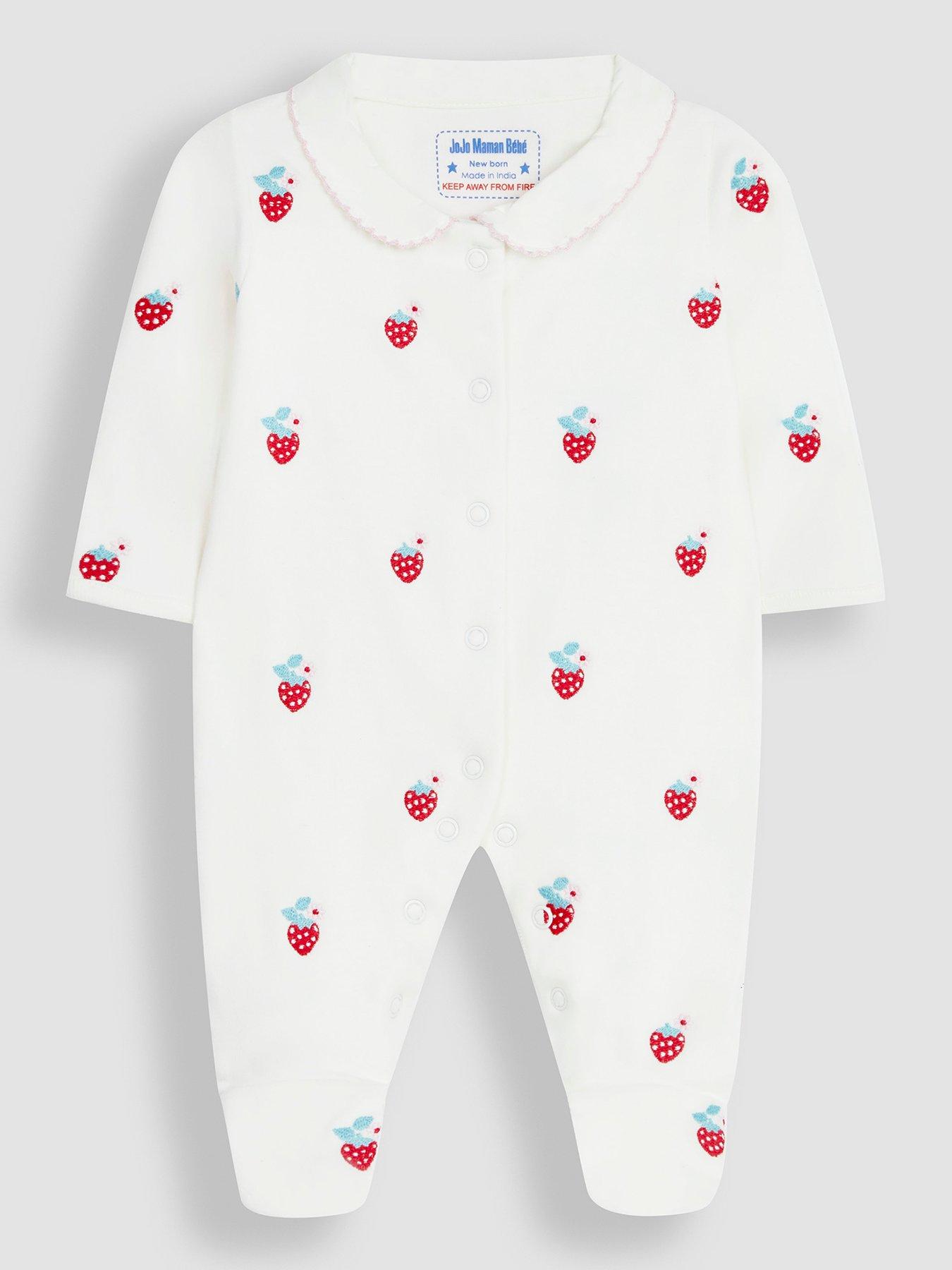 Image 2 of 3 of JoJo Maman Bebe Baby Girls Strawberry Embroidered Sleepsuit - Cream