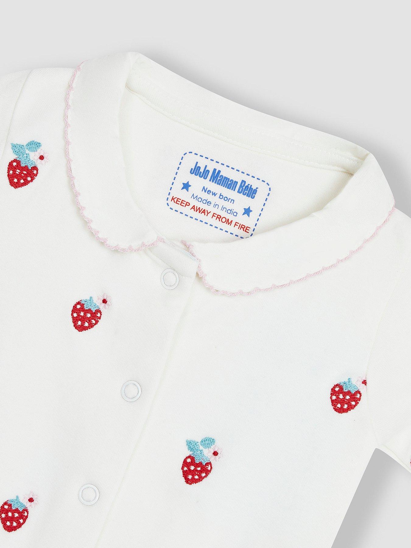 Image 3 of 3 of JoJo Maman Bebe Baby Girls Strawberry Embroidered Sleepsuit - Cream