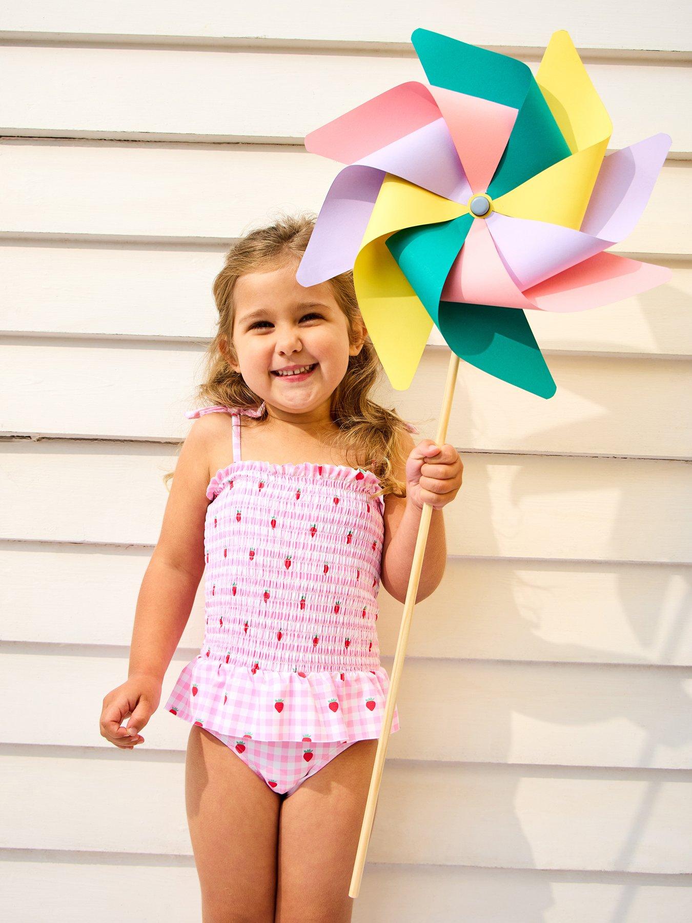 JoJo Maman Bebe Toddler Girls Cherry Gingham Shirred Tie Shoulder Swimsuit - Pink
