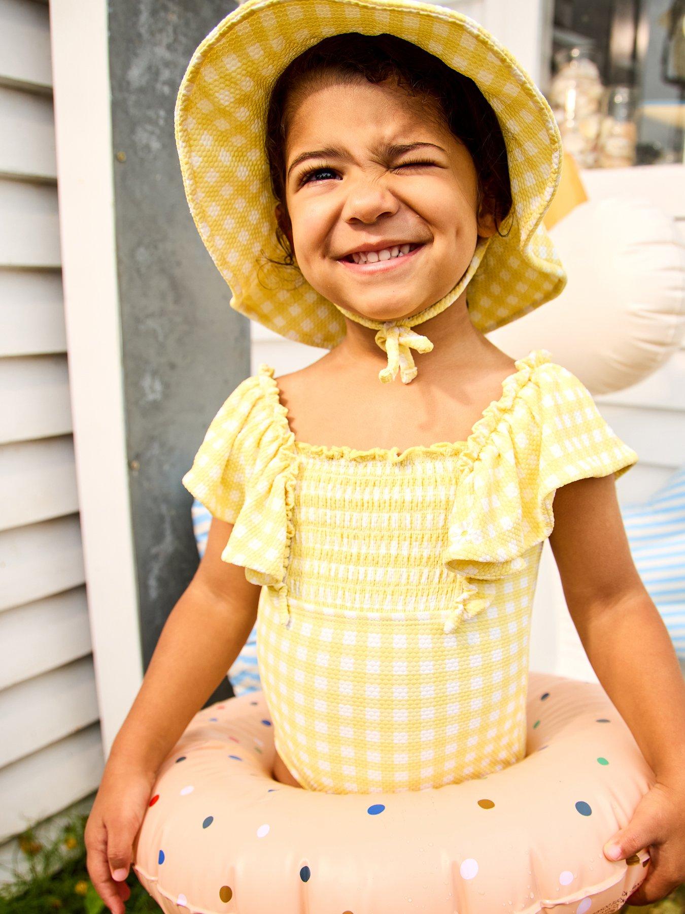 JoJo Maman Bebe Toddler Girls Daisy Gingham Frill Sleeve Swimsuit - Yellow