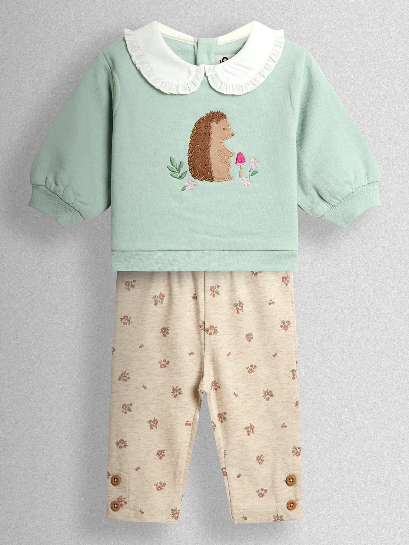 Image 1 of 6 of JoJo Maman Bebe Baby Girls Applique Frill Collar Sweatshirt &amp; Leggings Set - Green
