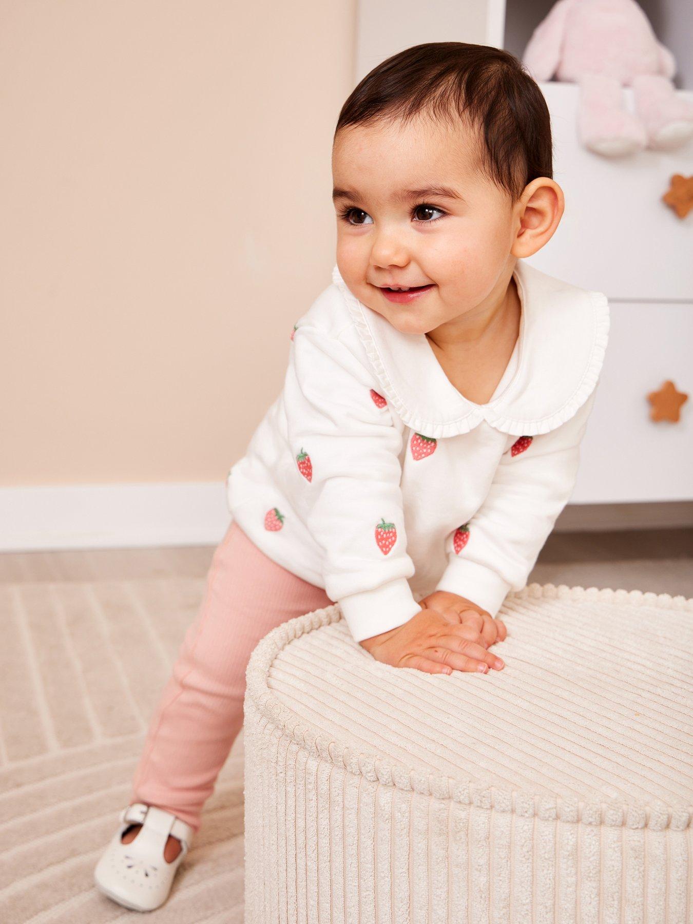 JoJo Maman Bebe Baby Girls Strawberry Embroidered Top  &  Bottom Set - Cream