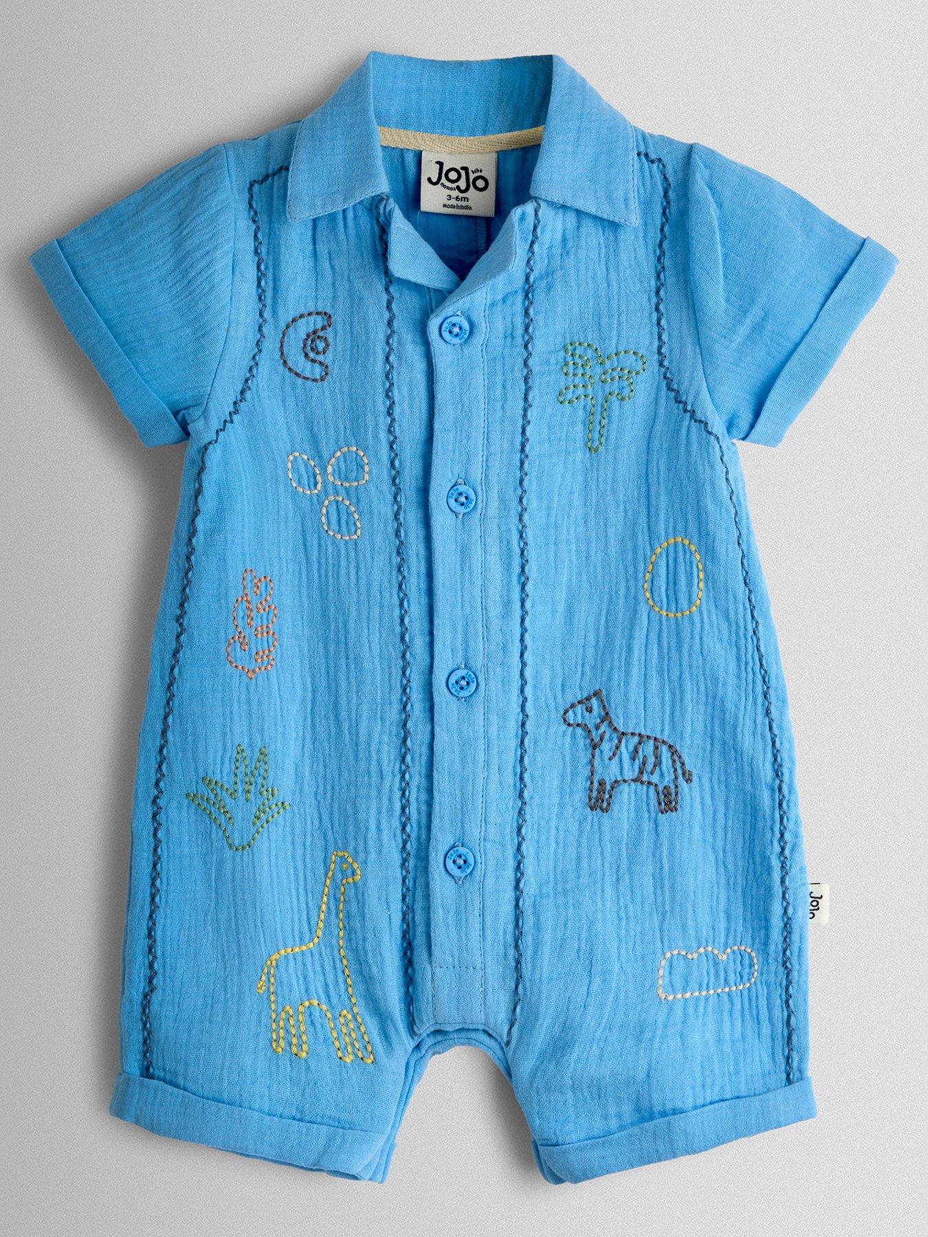 JoJo Maman Bebe Baby Boys Safari Embroidered Cheesecloth Romper - Blue