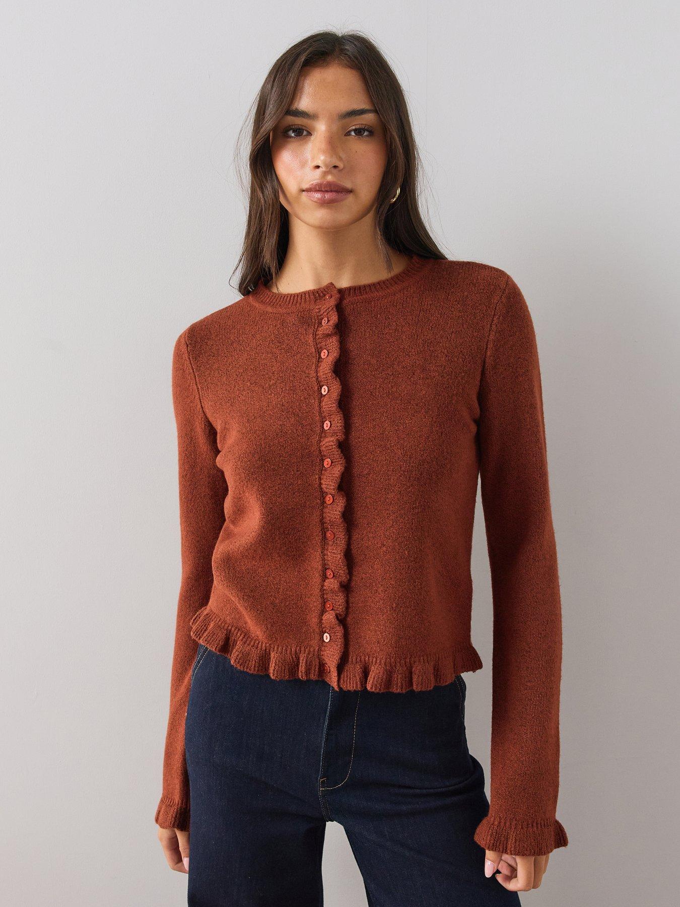 Image 1 of 6 of The Very Collection Womens Cosy Yarn Frill Button Front Cardigan - Brown