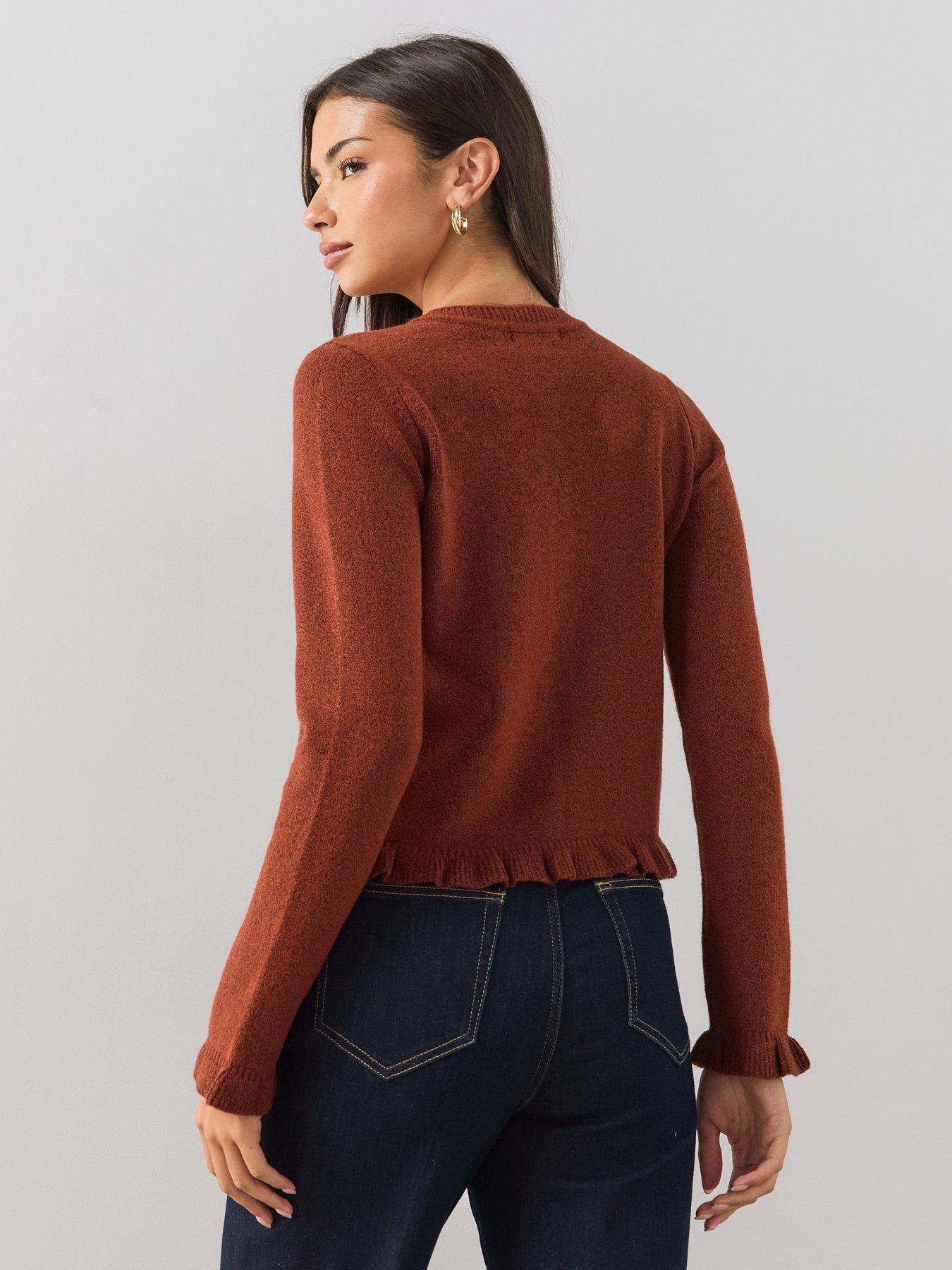 Image 2 of 6 of The Very Collection Womens Cosy Yarn Frill Button Front Cardigan - Brown