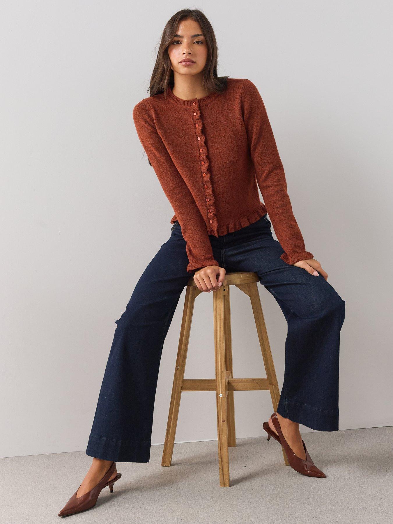 Image 3 of 6 of The Very Collection Womens Cosy Yarn Frill Button Front Cardigan - Brown