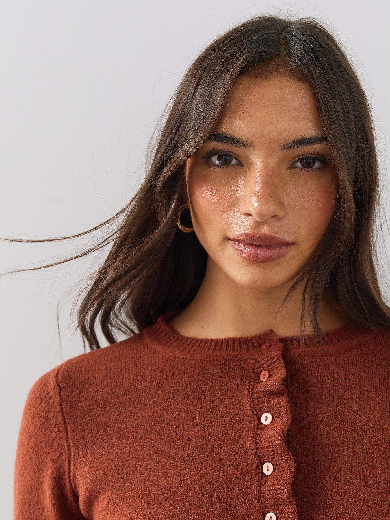 Image 4 of 6 of The Very Collection Womens Cosy Yarn Frill Button Front Cardigan - Brown
