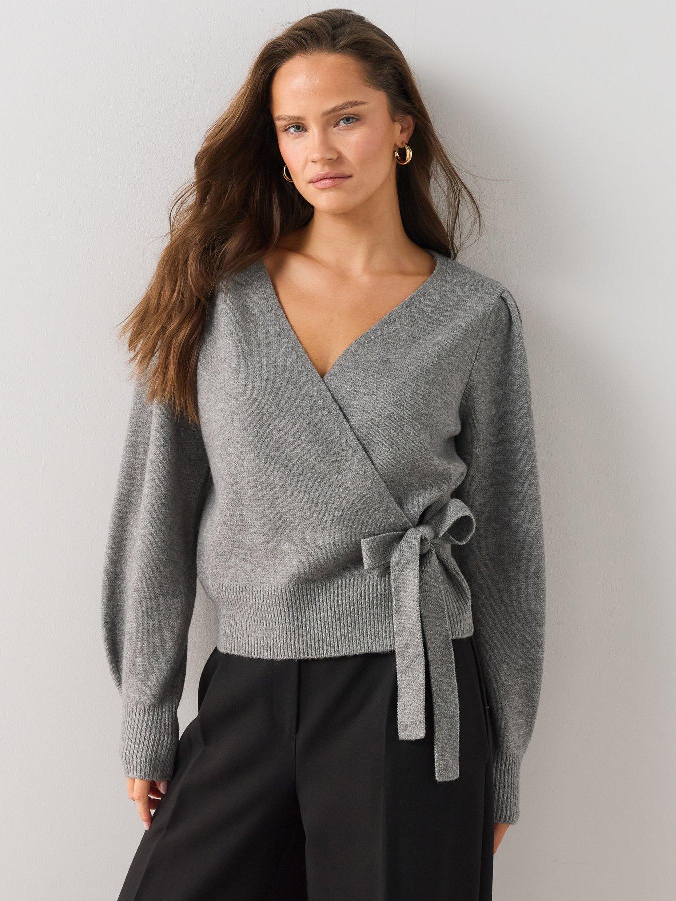 Image 1 of 6 of The Very Collection Cosy Yarn Wrap Cardigan With Wool - Grey