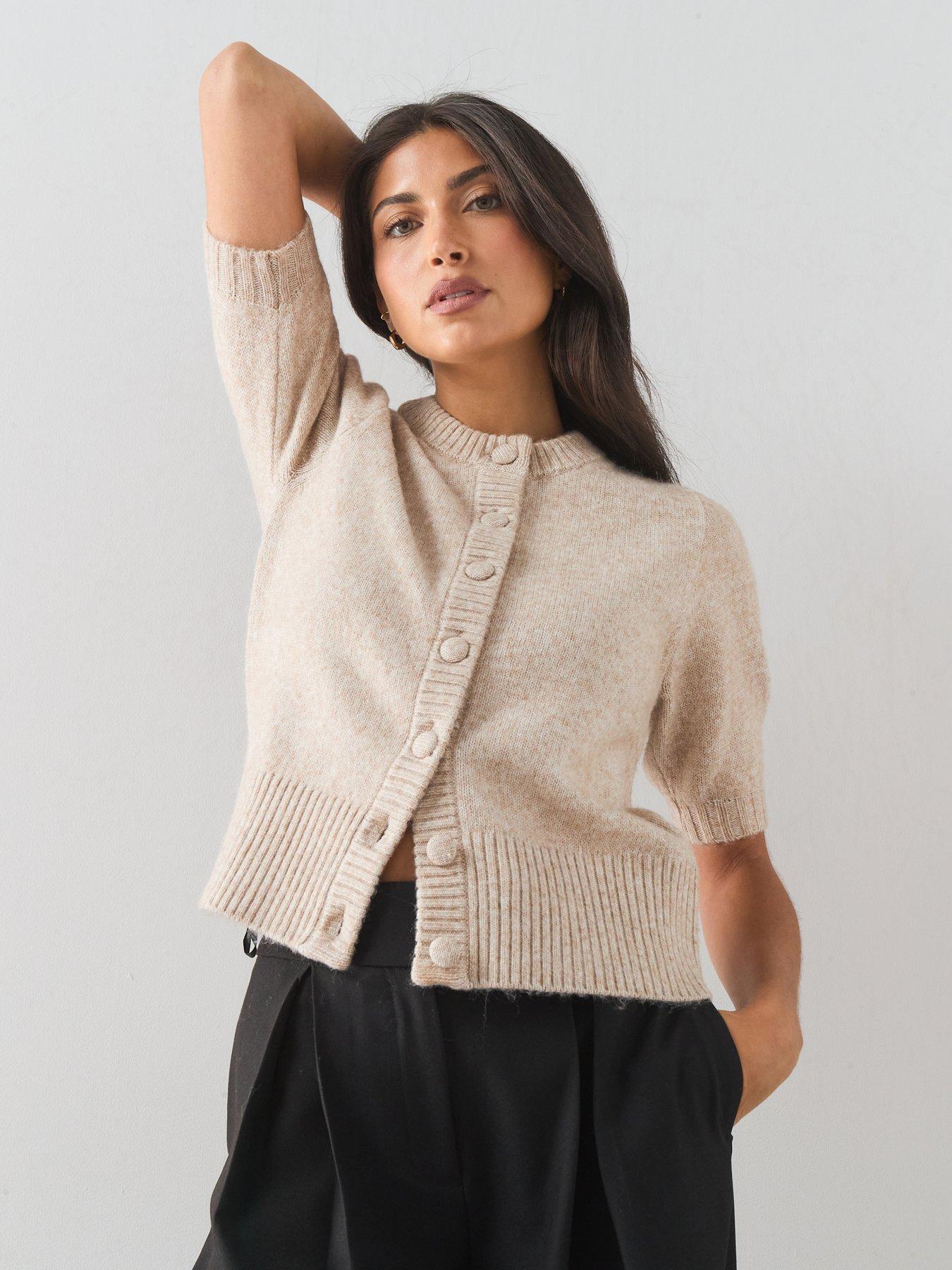 The Very Collection Timeless Yarn Short Sleeve Puff Sleeve Cardigan - Beige