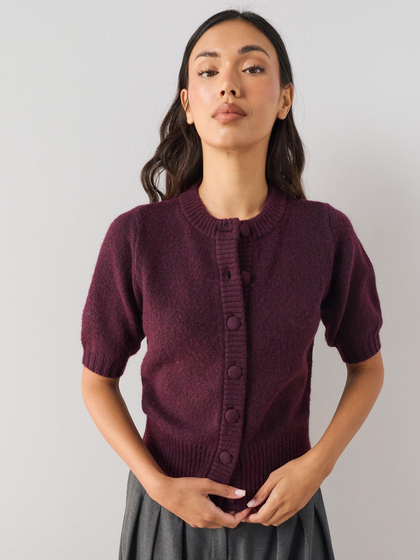 Image 1 of 7 of The Very Collection Timeless Yarn Short Sleeve Puff Sleeve Cardigan - Plum