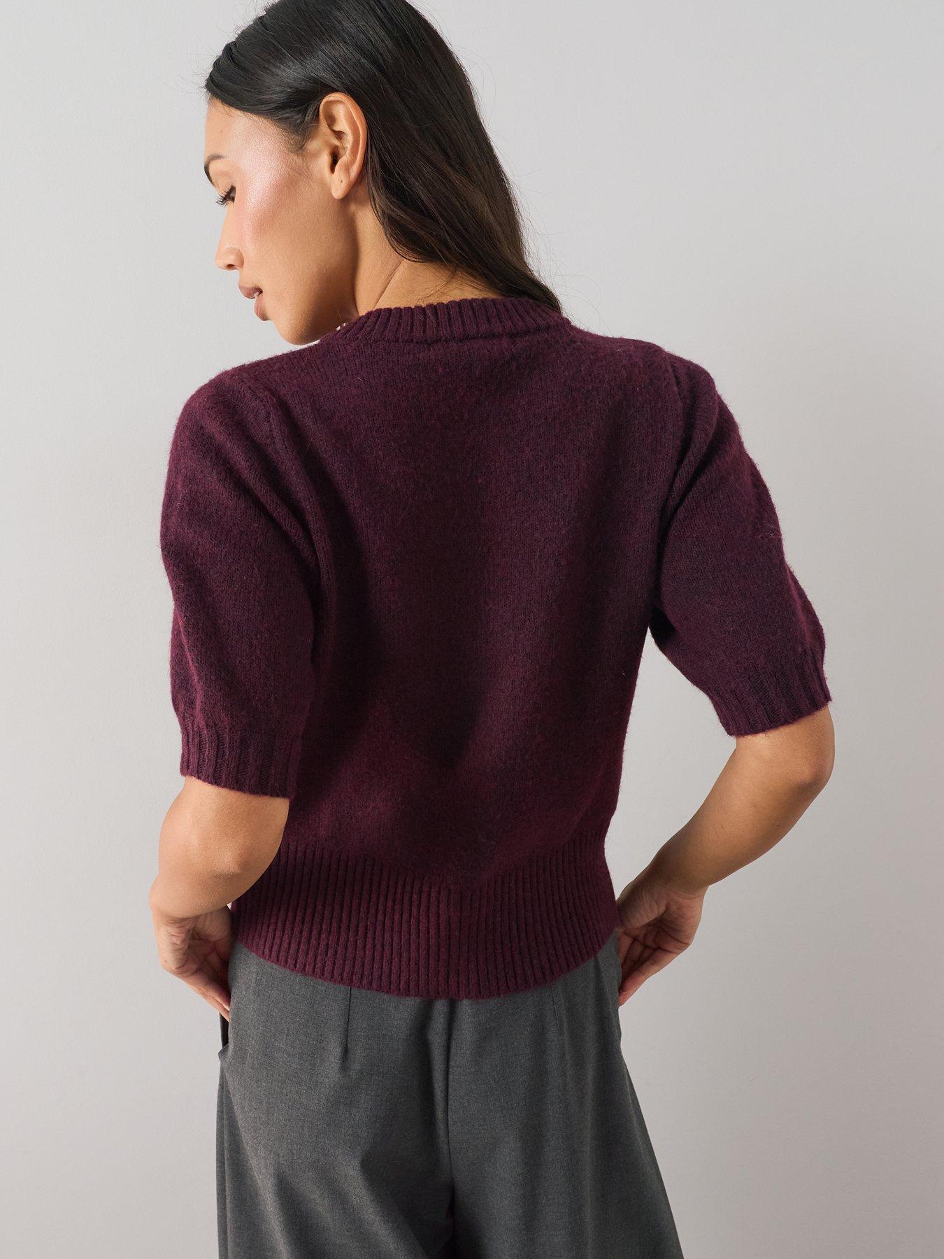 Image 2 of 7 of The Very Collection Timeless Yarn Short Sleeve Puff Sleeve Cardigan - Plum