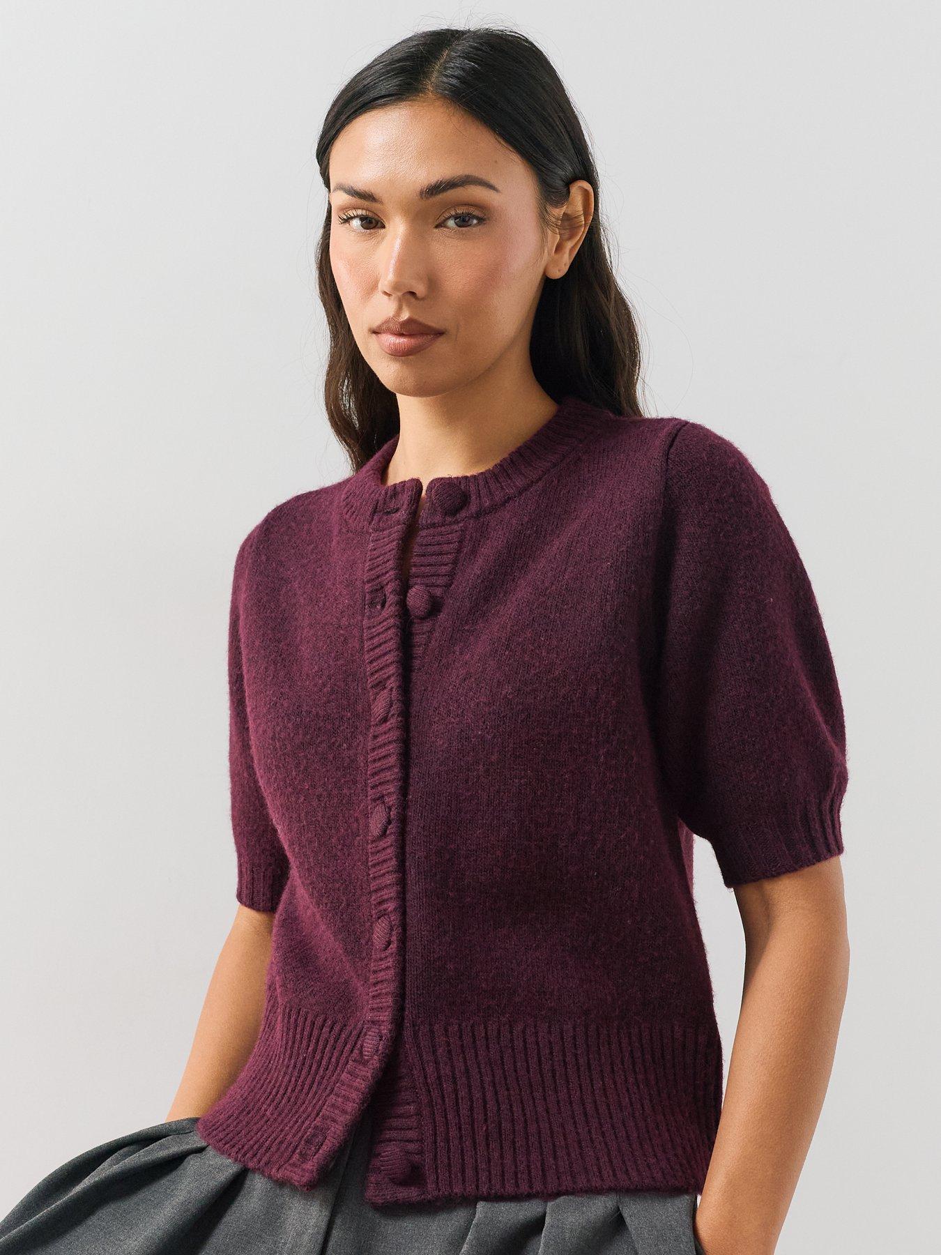 Image 4 of 7 of The Very Collection Timeless Yarn Short Sleeve Puff Sleeve Cardigan - Plum