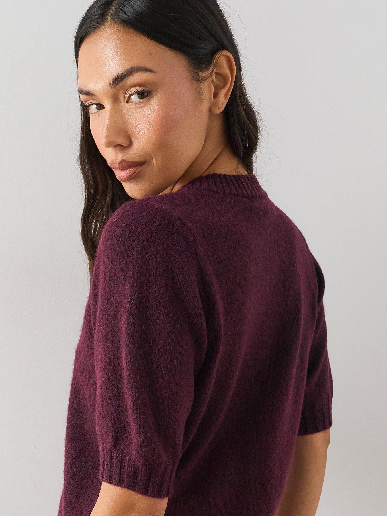 Image 5 of 7 of The Very Collection Timeless Yarn Short Sleeve Puff Sleeve Cardigan - Plum