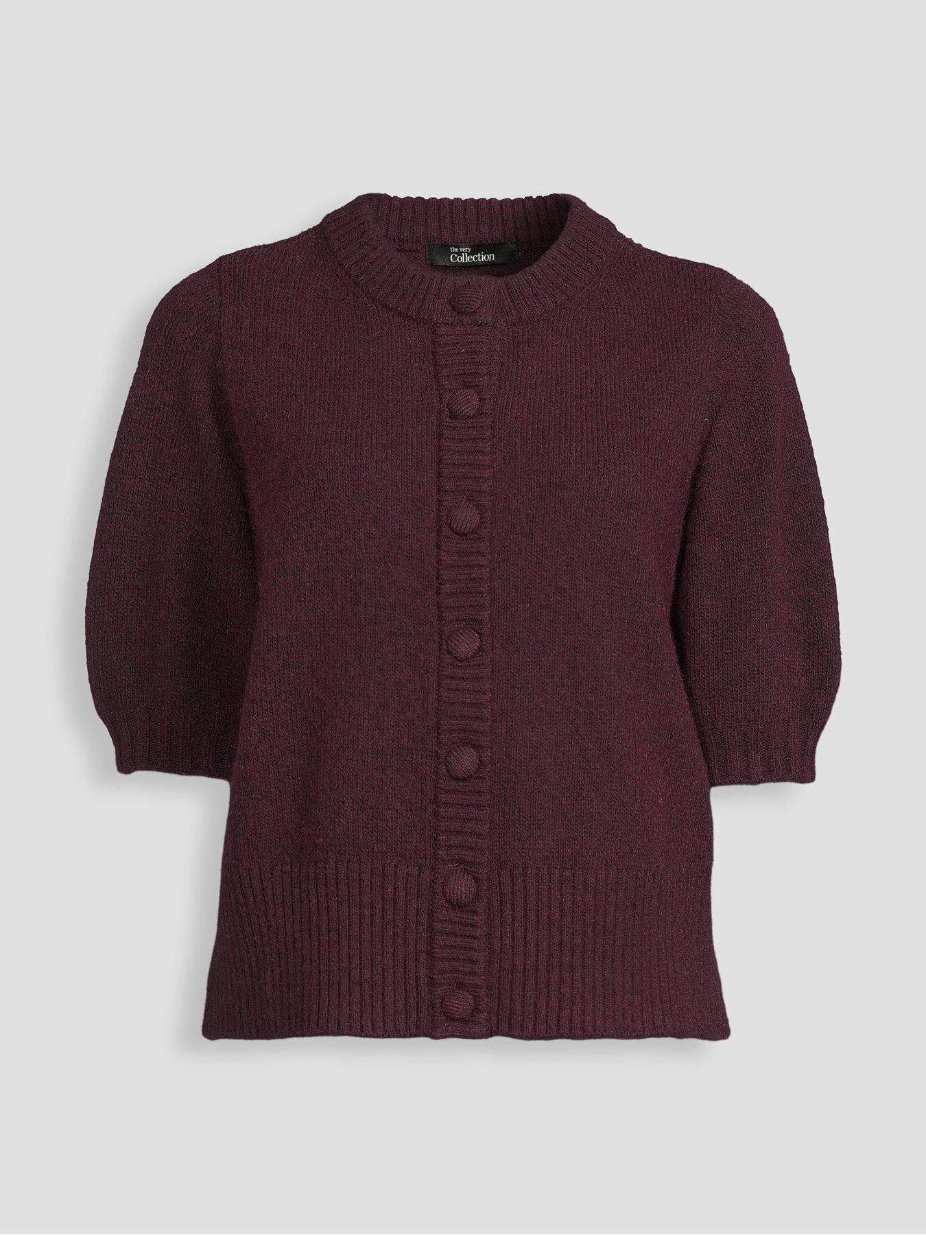 Image 7 of 7 of The Very Collection Timeless Yarn Short Sleeve Puff Sleeve Cardigan - Plum