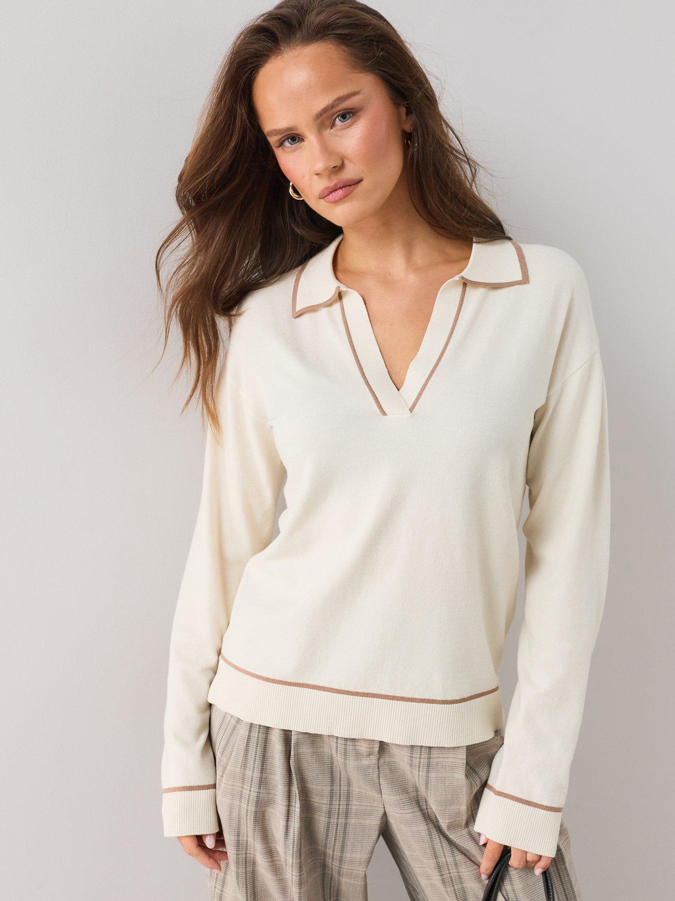 The Very Collection Women's Relaxed Collared Knit Jumper with Contrast Tipping - Cream