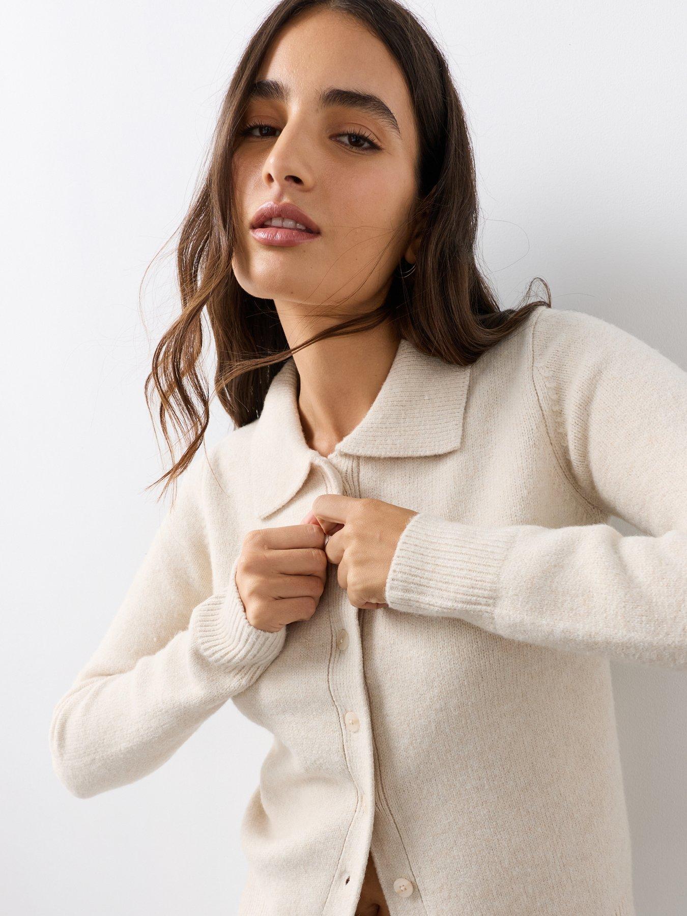 Image 5 of 6 of The Very Collection Cosy Yarn Collared Button Down Cardigan With Wool - Cream