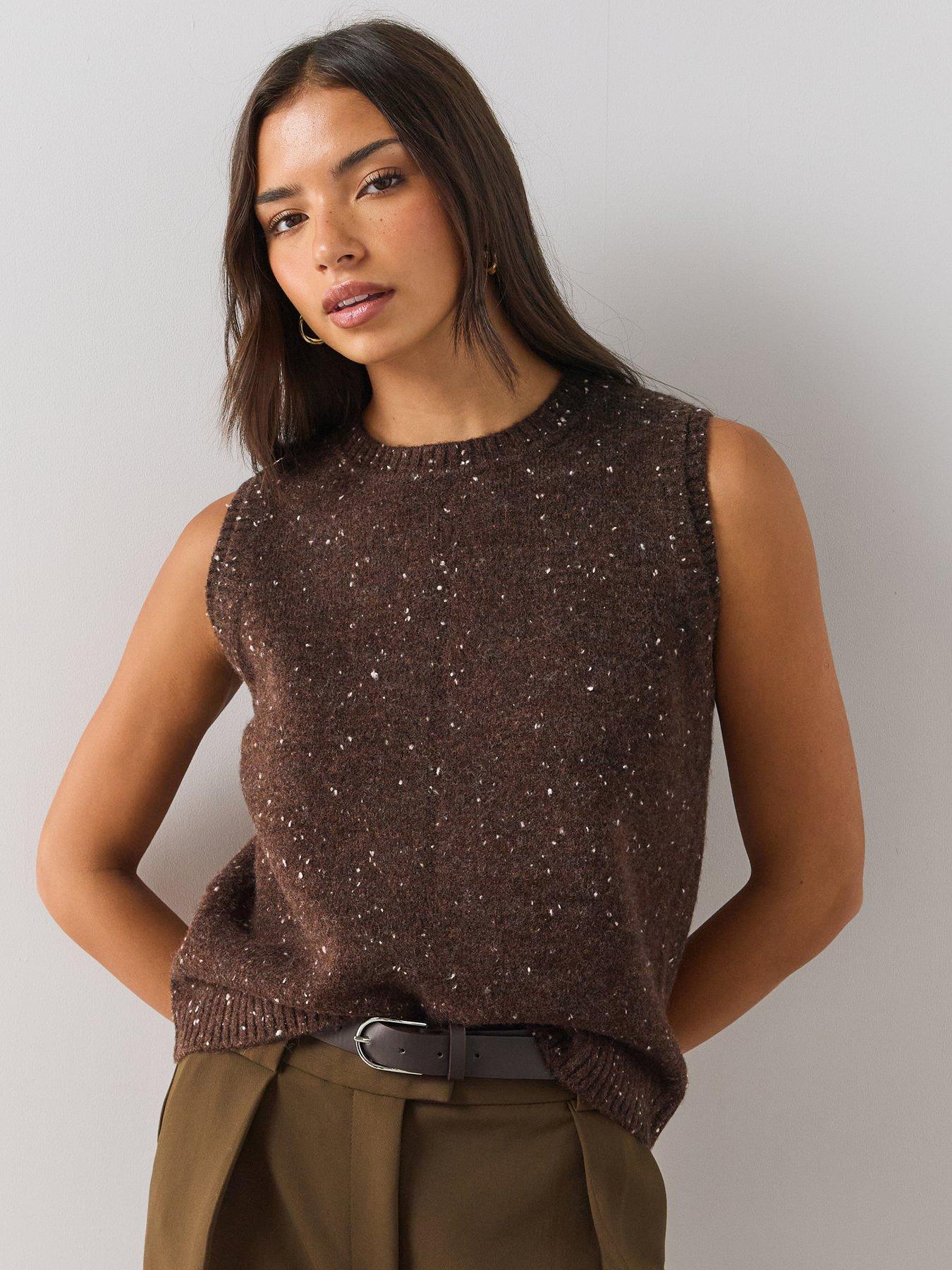 Image 1 of 7 of The Very Collection Fleck Yarn Sleeveless Knitted Tank With Wool - Chocolate