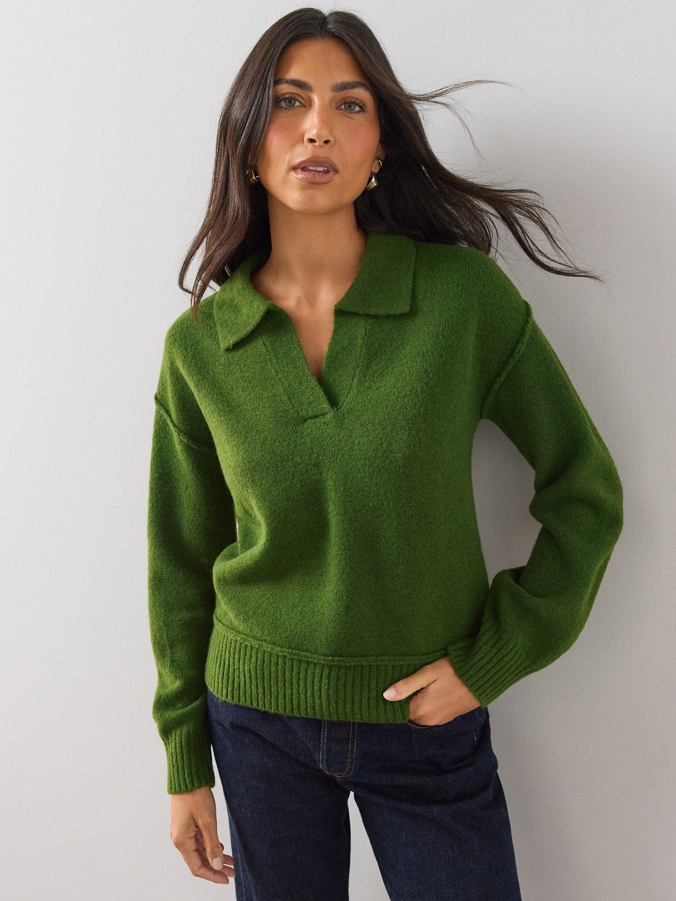 Image 1 of 6 of The Very Collection Style Yarn Collared Jumper With Wool - Green