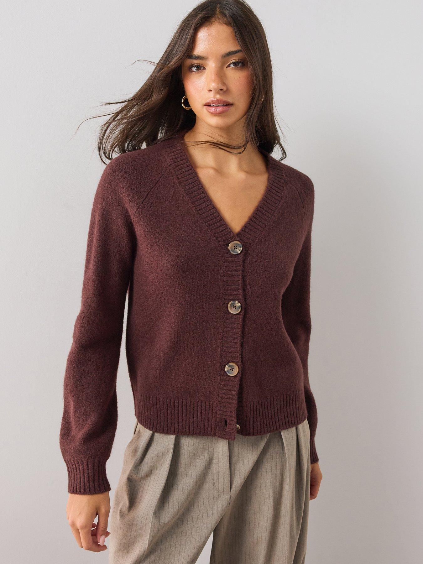 Image 1 of 6 of The Very Collection Style Yarn V Neck Cardigan With Wool - Burgundy