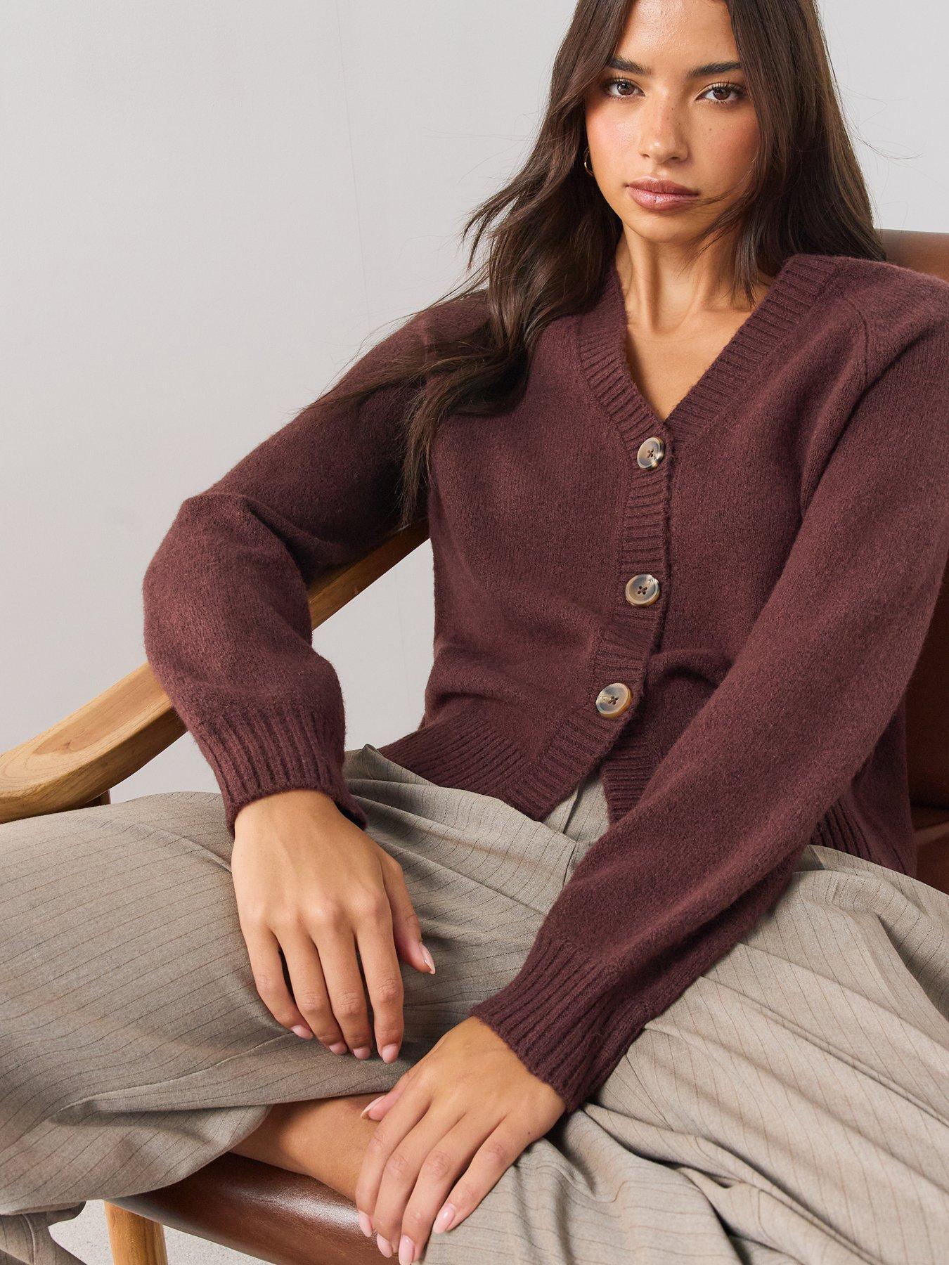 Image 4 of 6 of The Very Collection Style Yarn V Neck Cardigan With Wool - Burgundy