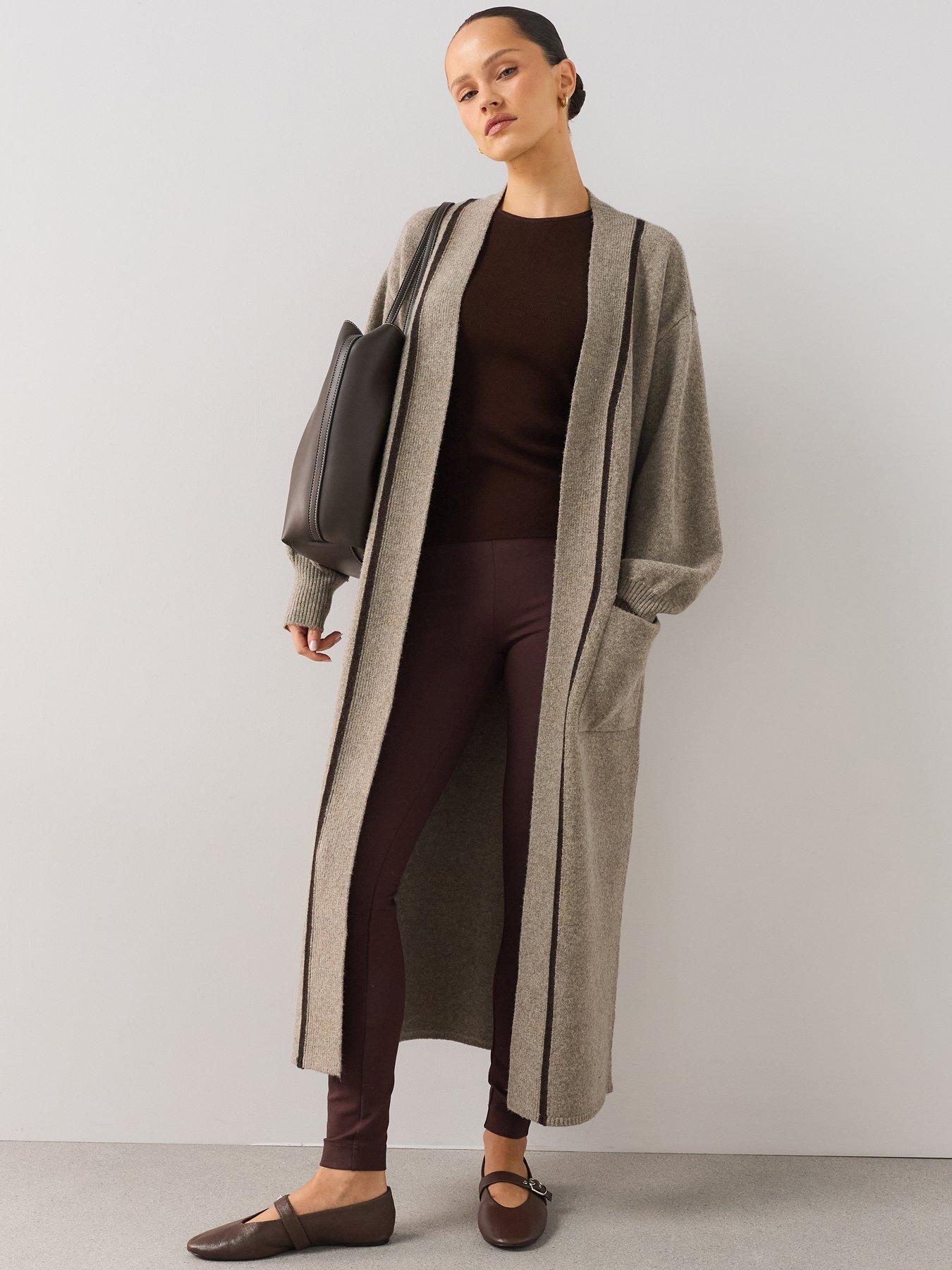 Image 1 of 7 of The Very Collection Edge To Edge Maxi Cardigan With Tipping - Brown