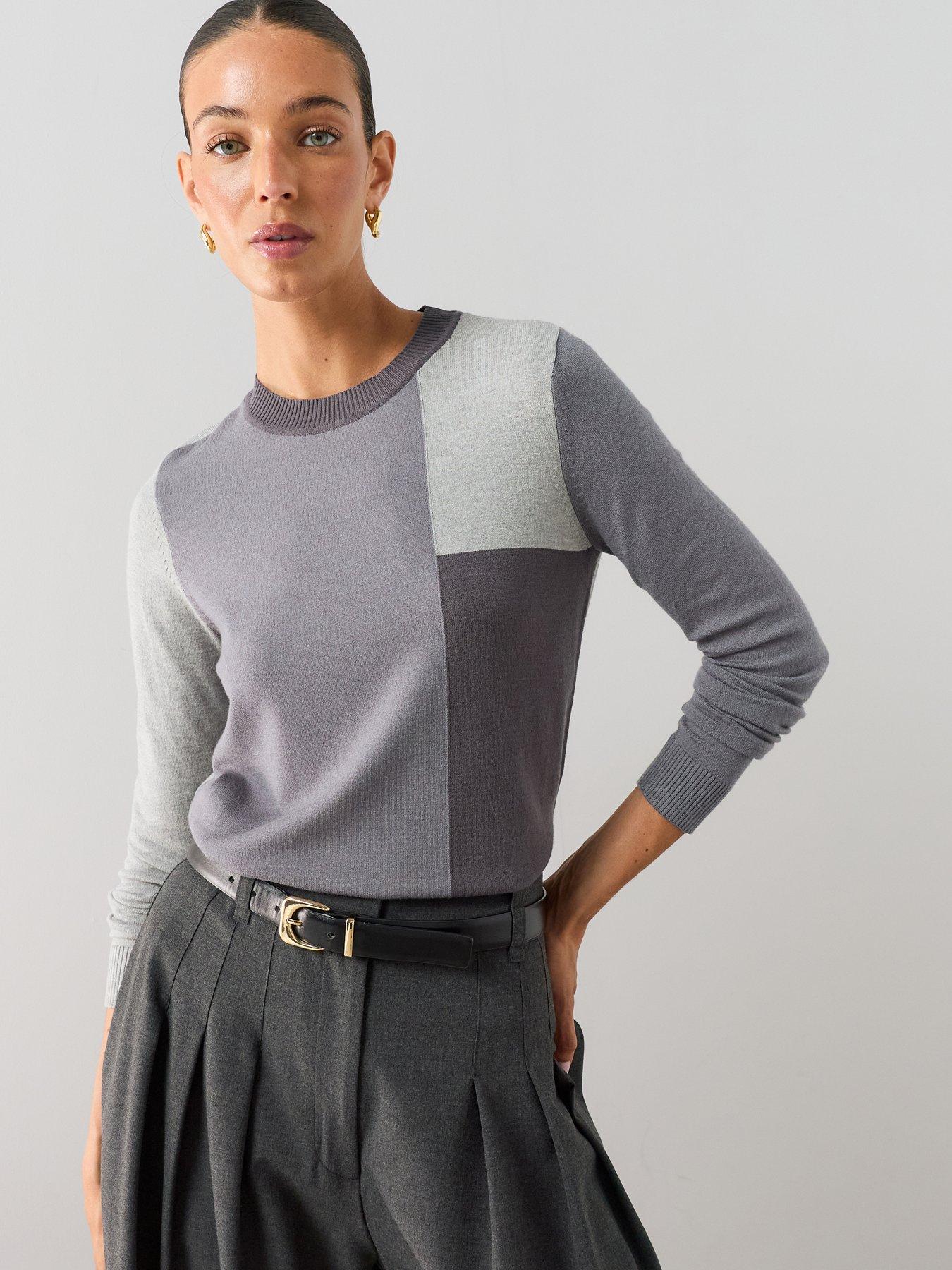 The Very Collection Classic Comfort Crew Neck Colour Block Jumper - Light Grey