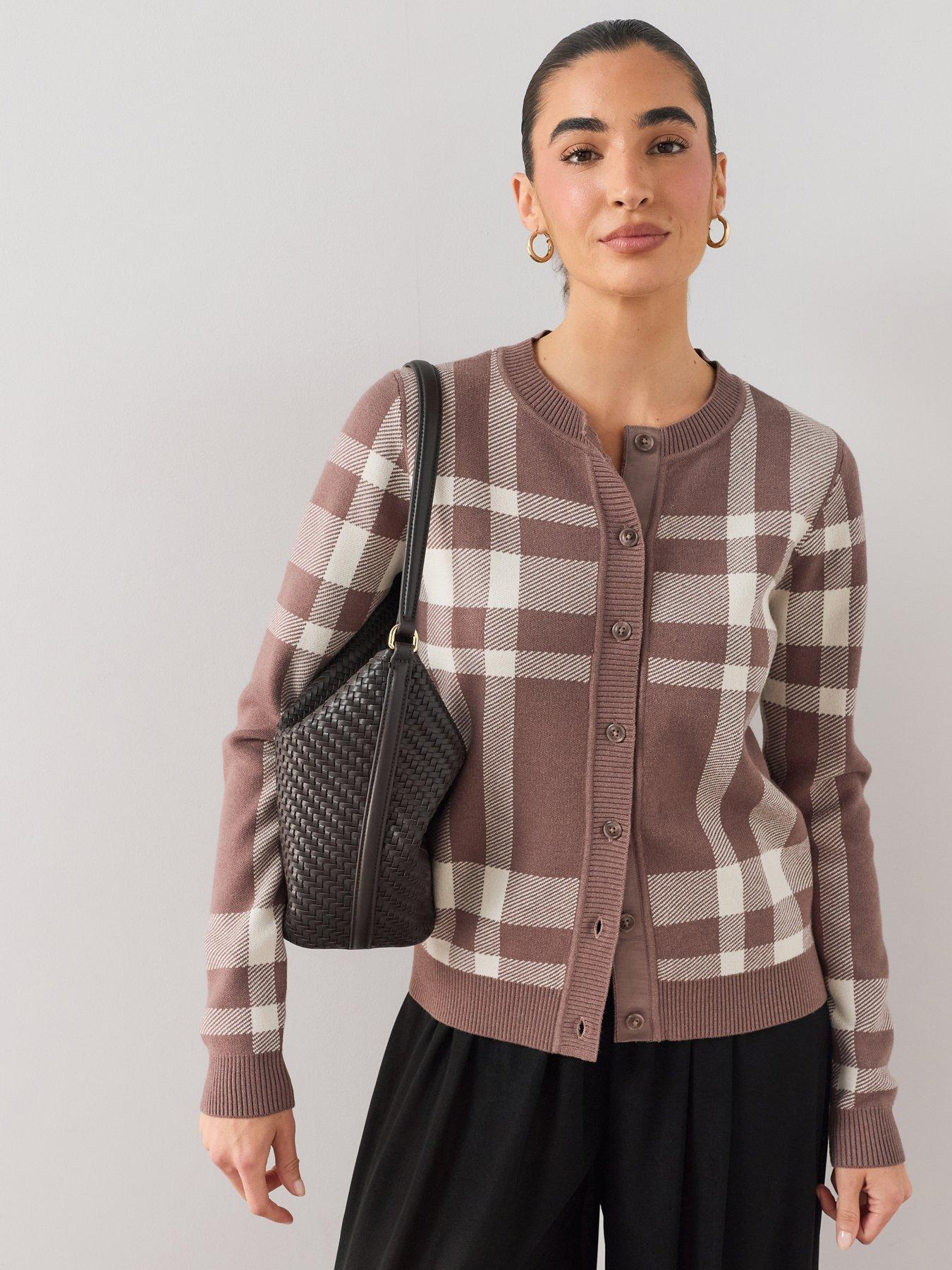 The Very Collection Classic Comfort Crew Neck Checked Cardigan - Brown